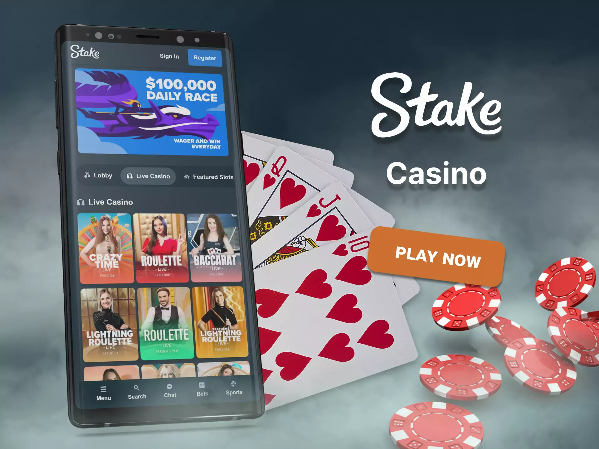Play at the casino Stake.com and win.