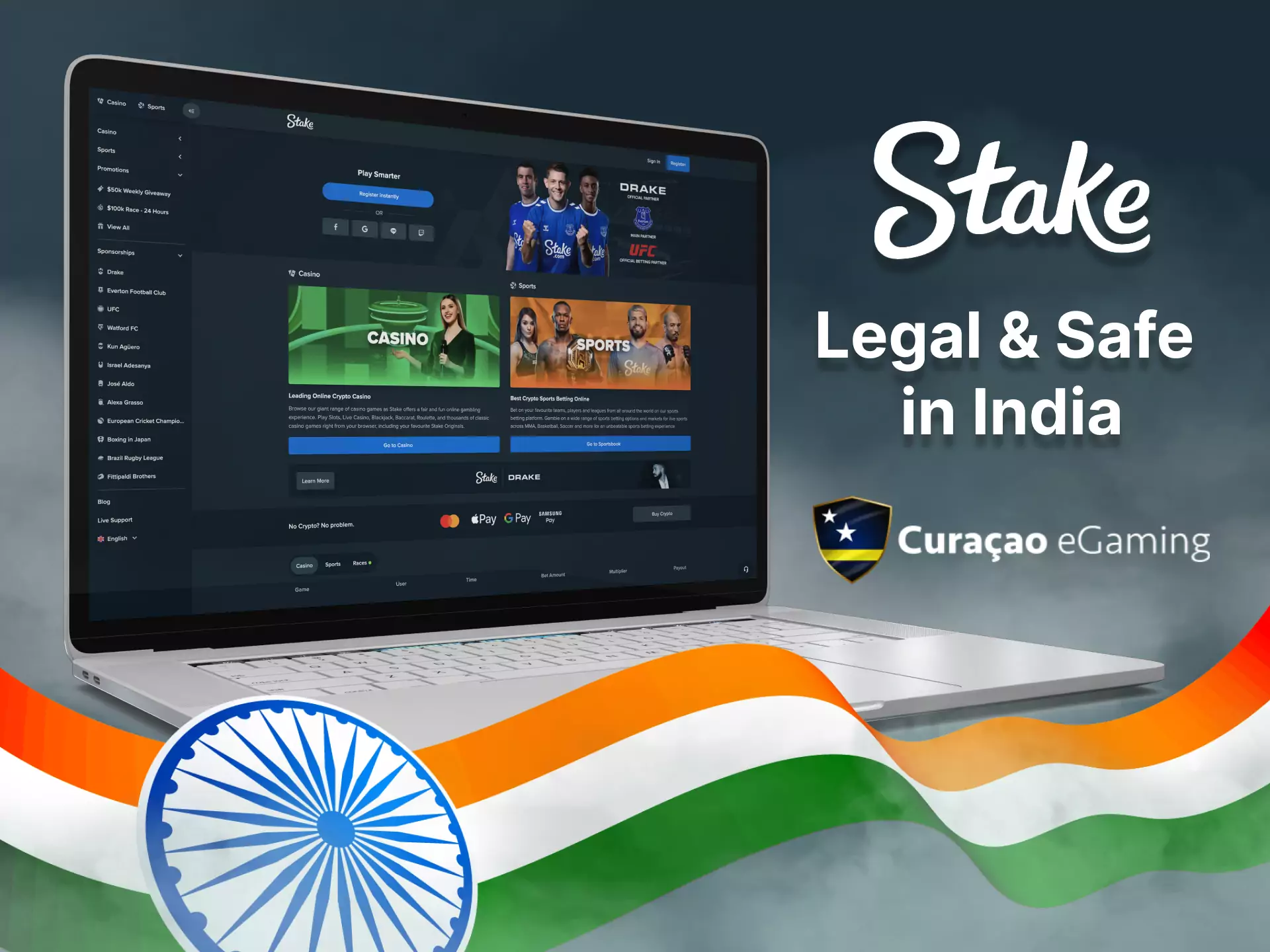 In India, Stake works legally thanking the Curacao Egaming license.