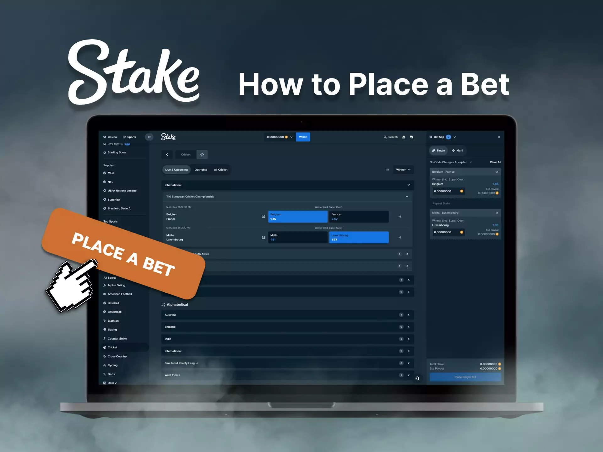 Visit the Stake website, choose a match and place a bet according to your prediction.