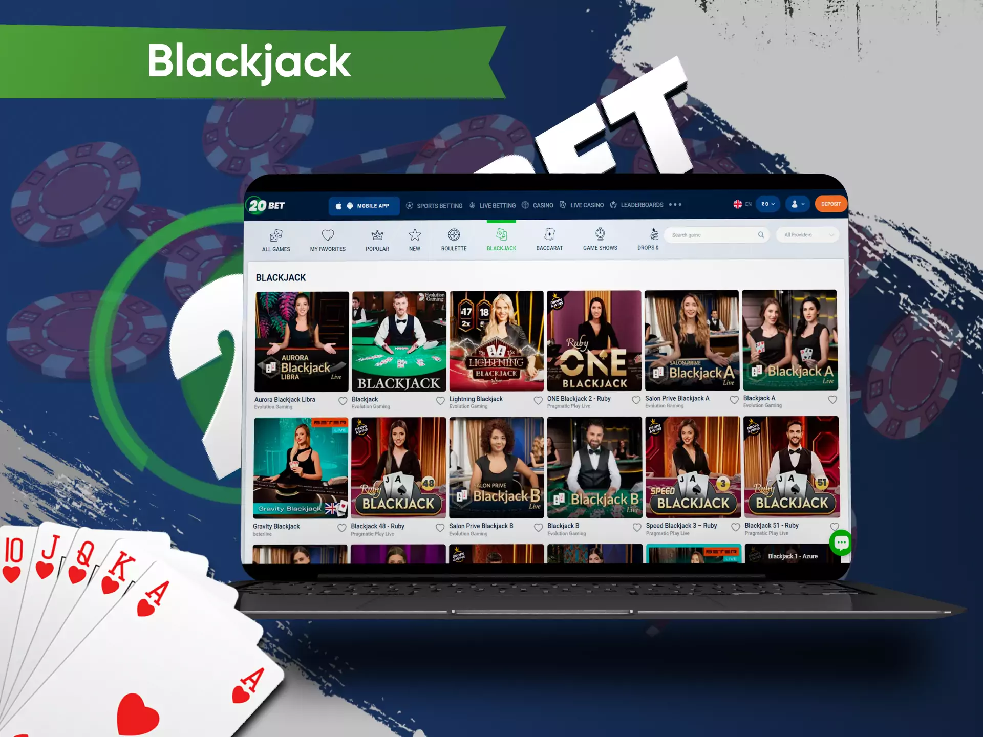 Go to the 20bet casino to play blackjack online.
