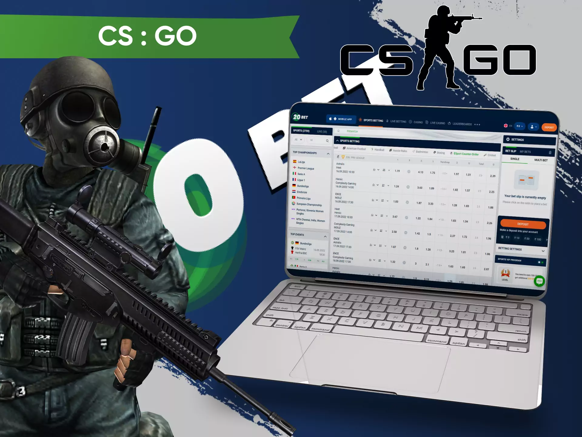 In the esports section of 20bet, you find lots of CS:GO events available for betting.