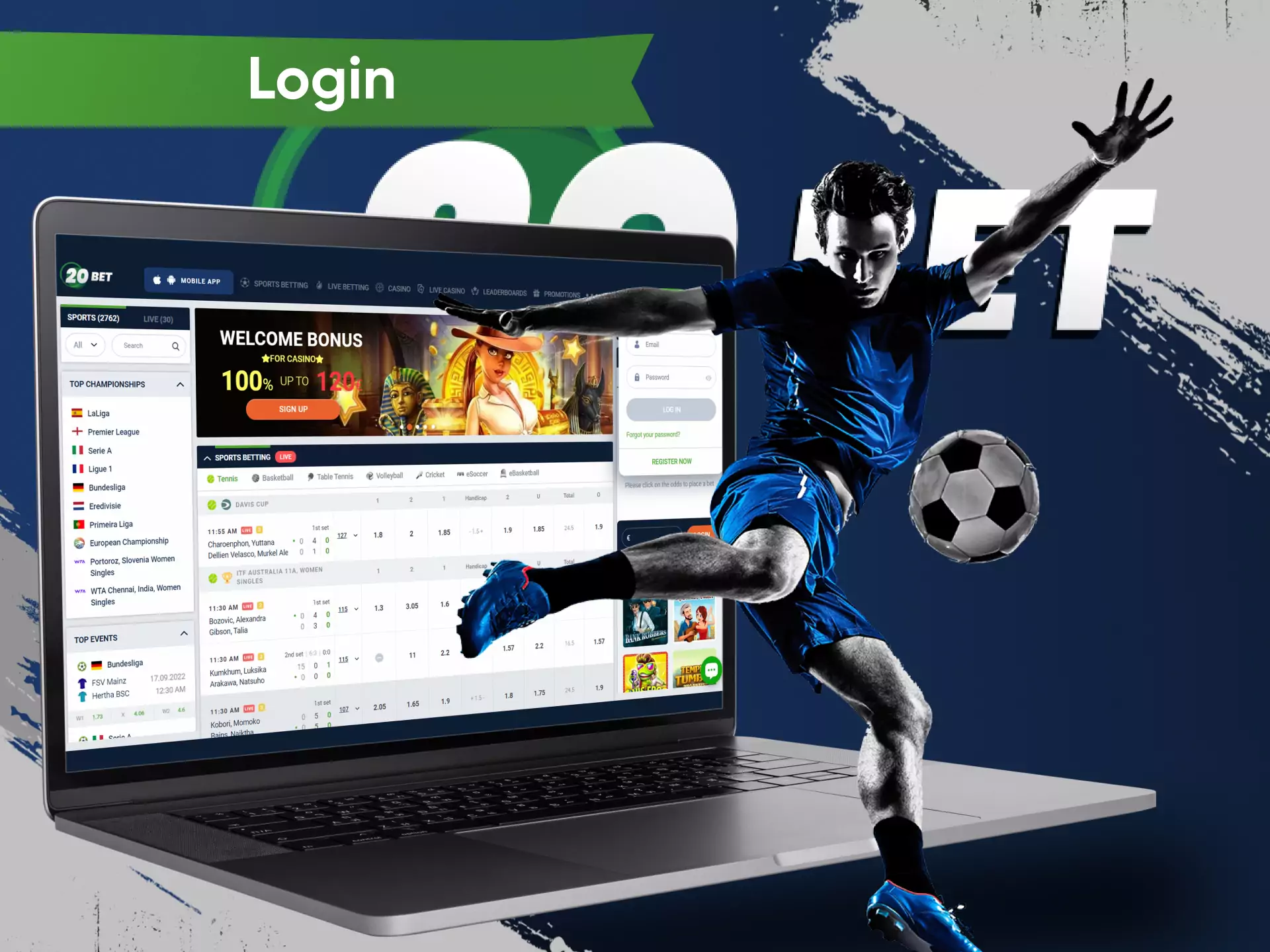 To start betting on 20bet, you need to log in.