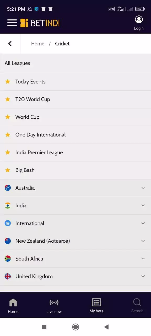 You find cricket events in the sportsbook of the Betindi app.
