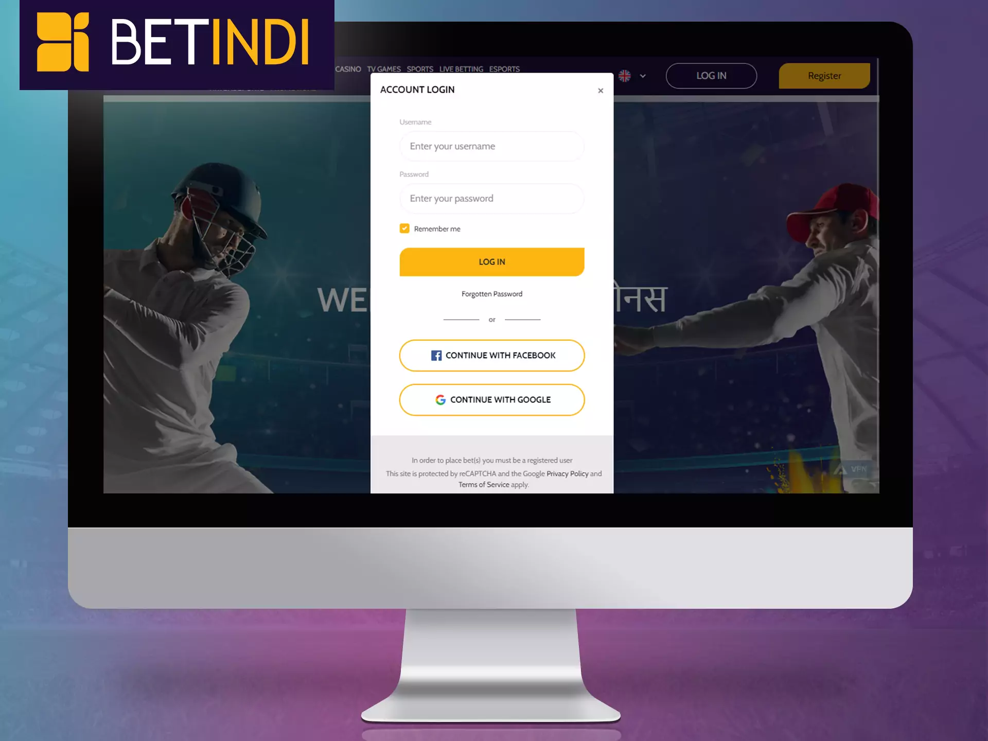Log into your Betindi account to place bets and play your favorite games.