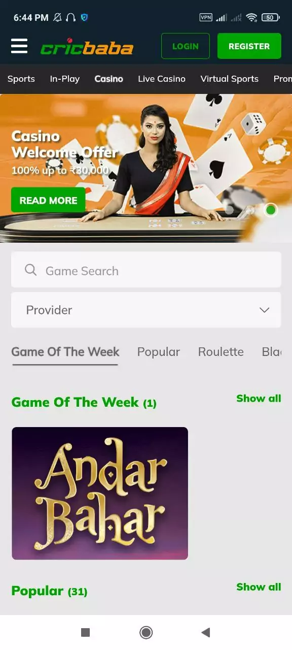 In the Cricbaba app, there is a big number of casino games as well.