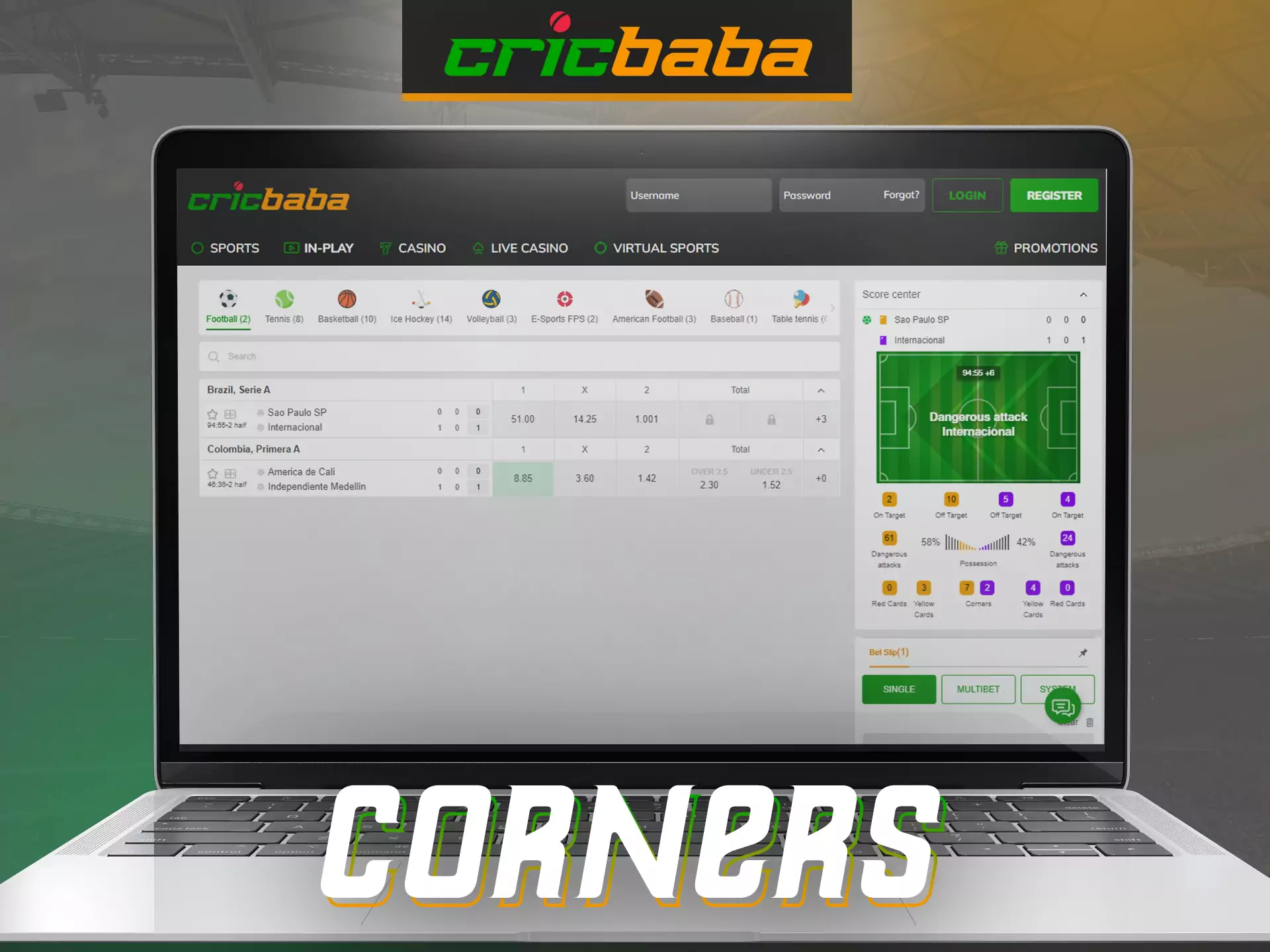 Try a special betting option on Cricbaba, betting on corners is convenient.