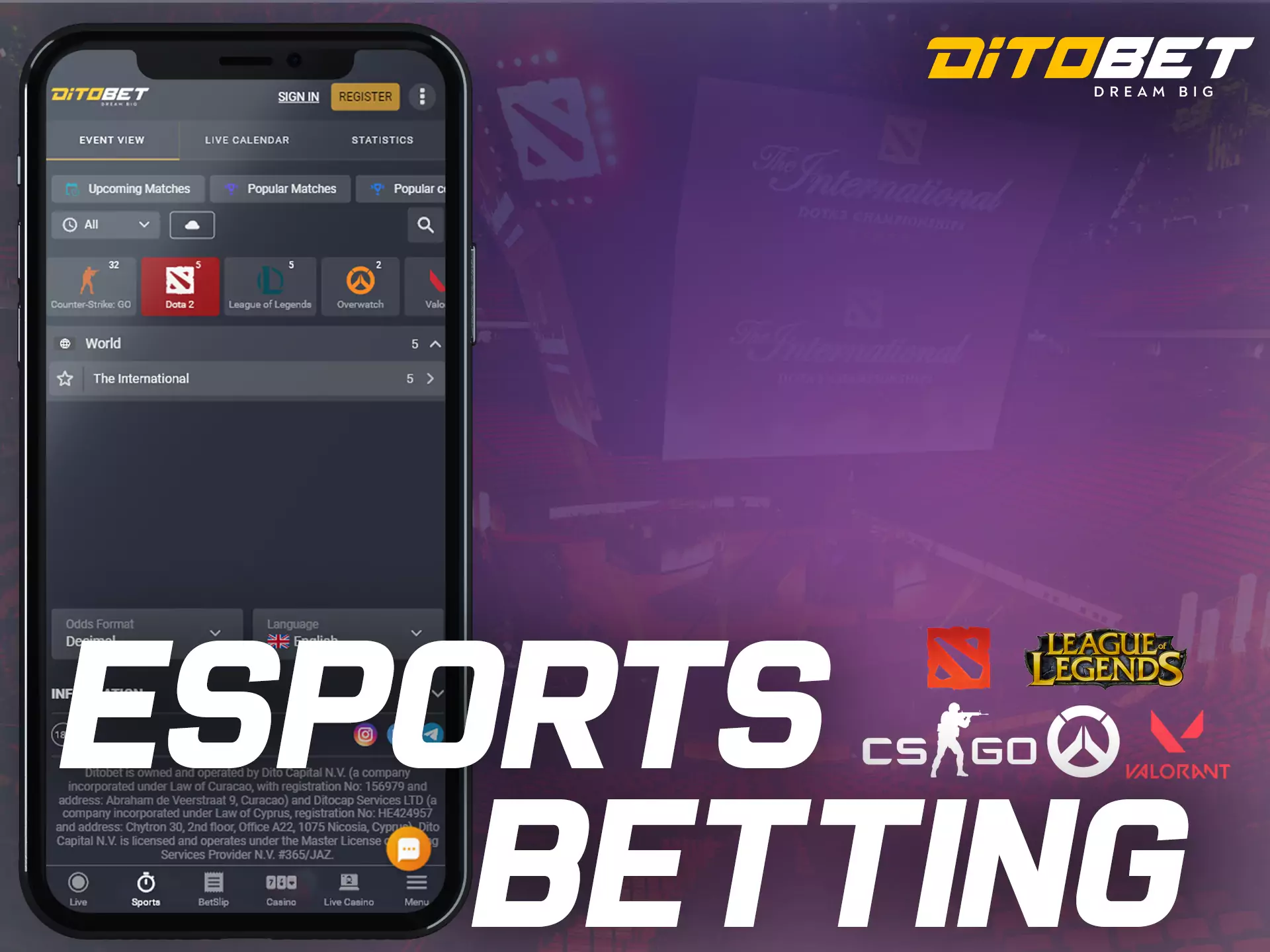 Place bets on any events of your favorite esports with Ditobet.