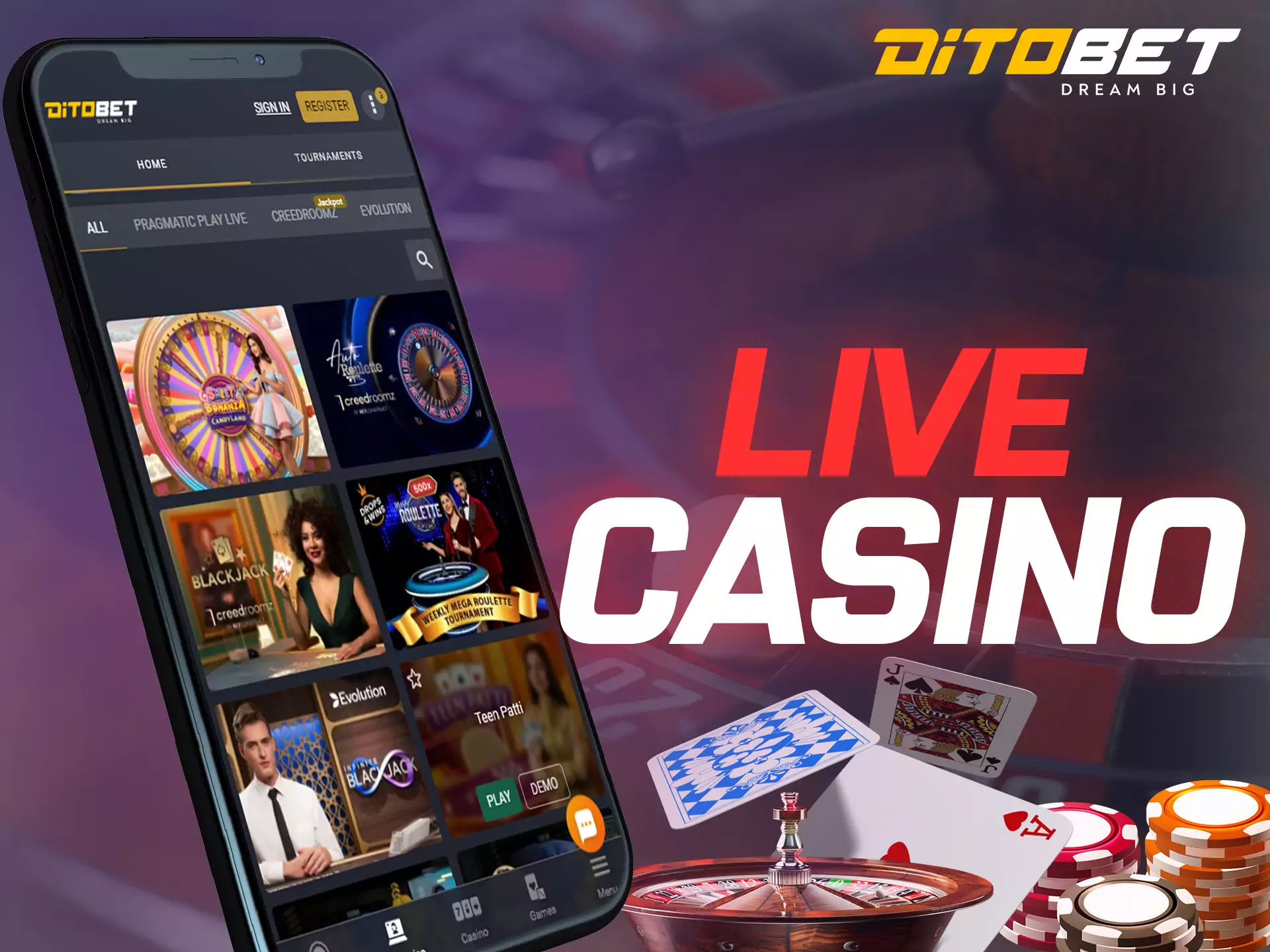 Play different games at Ditobet live casino.