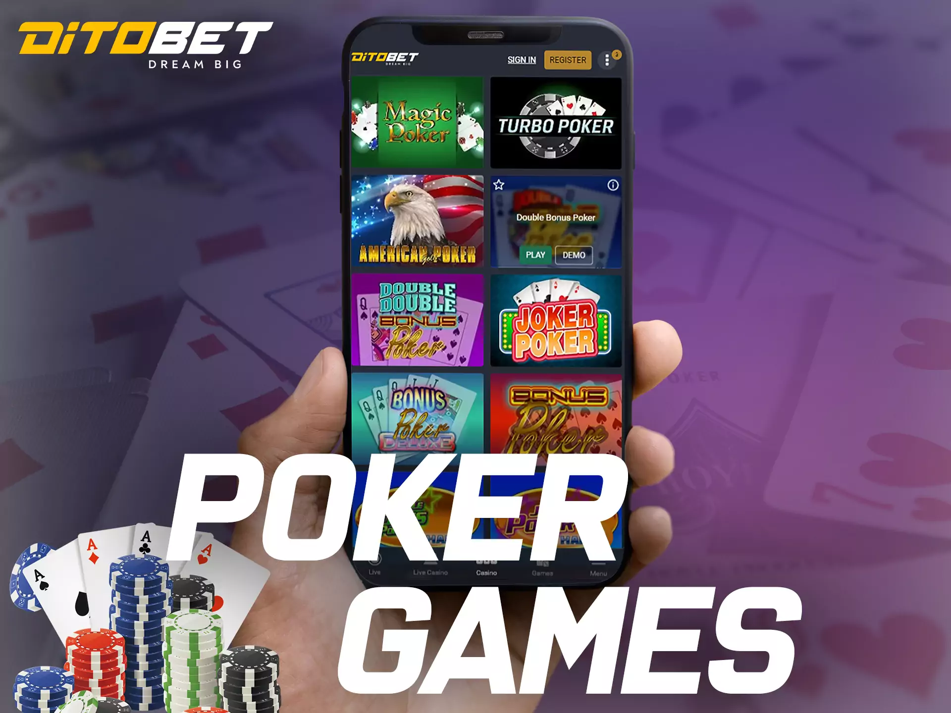 Play poker with pleasure at Ditobet Casino.