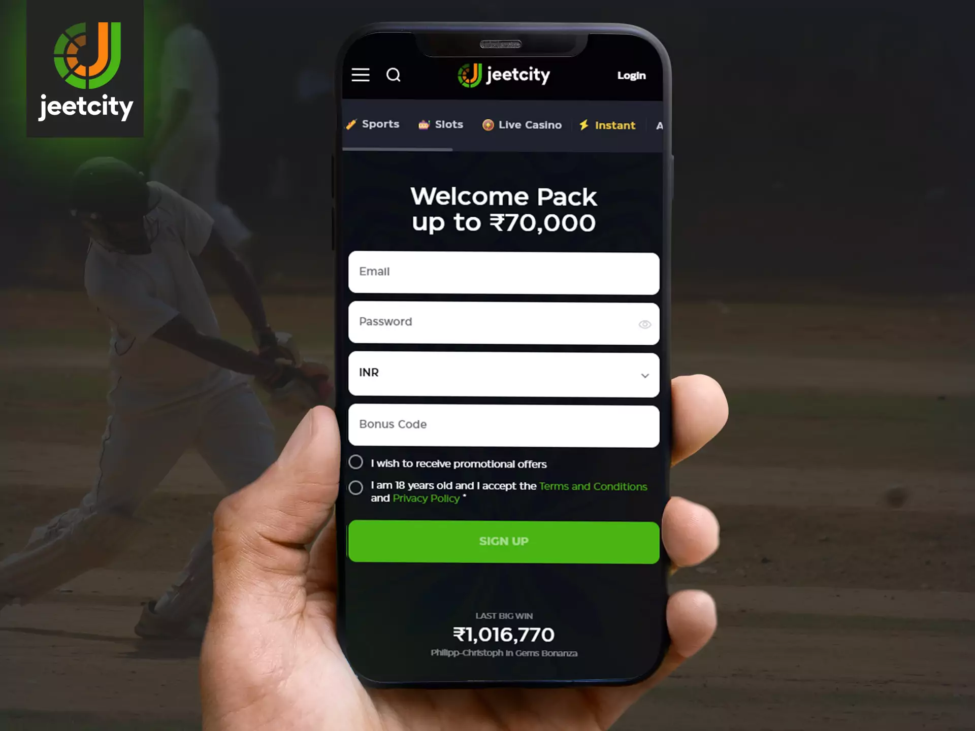 Go through a simple registration on JeetCity to make bets on sports and play at the casino.