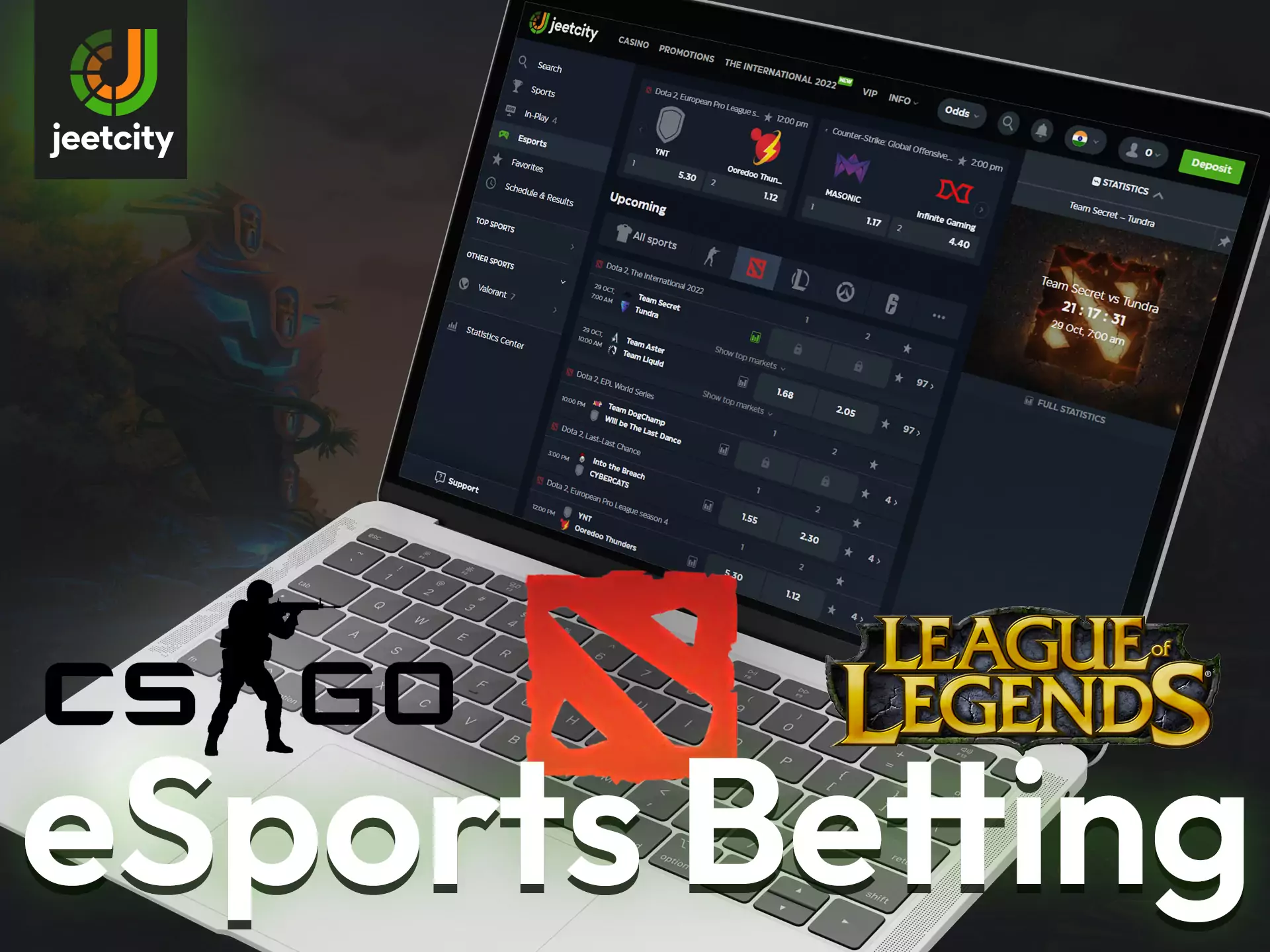 JeetCity offers betting on various esports events.