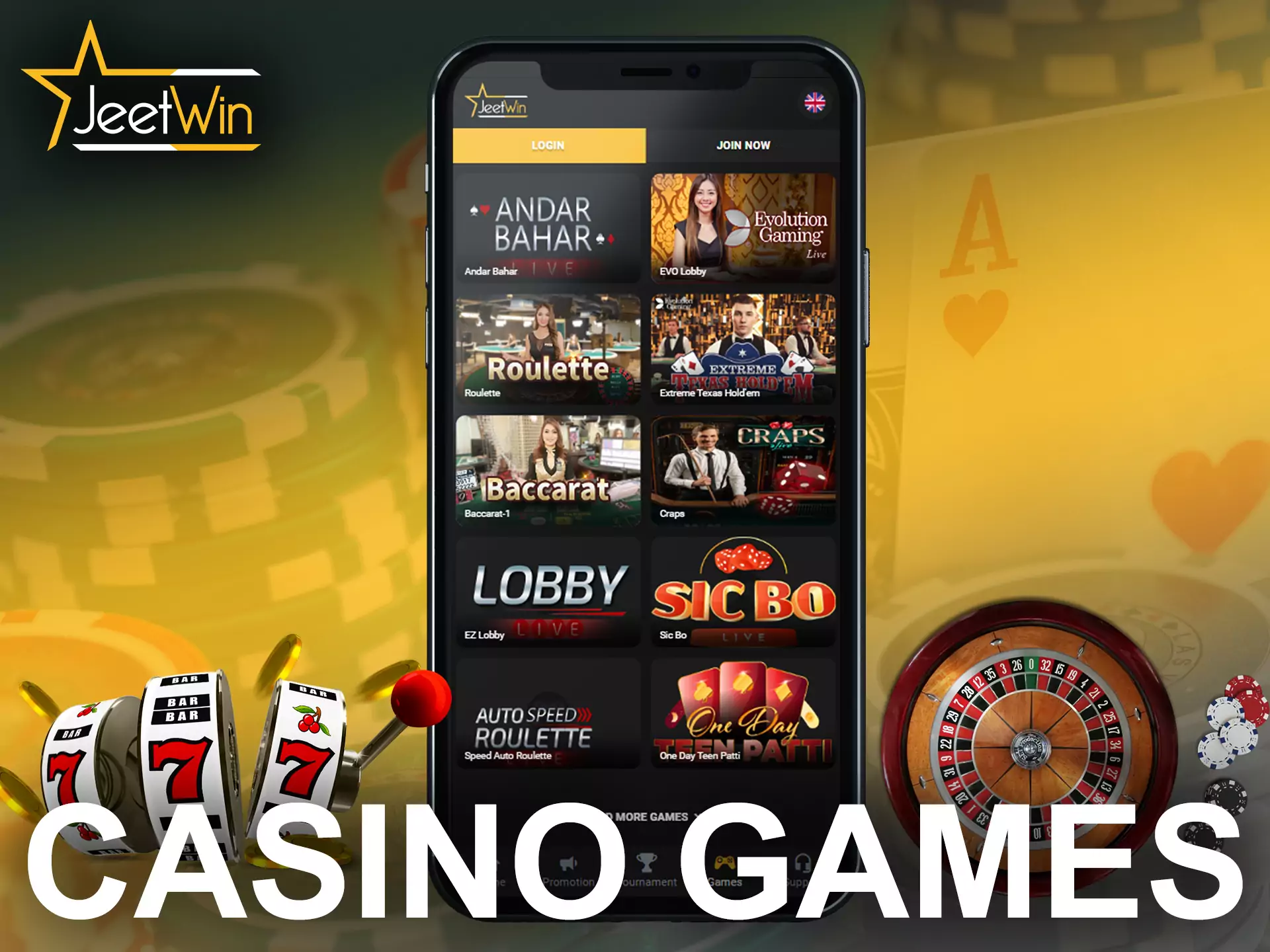 Try different games at JeetWin Casino.