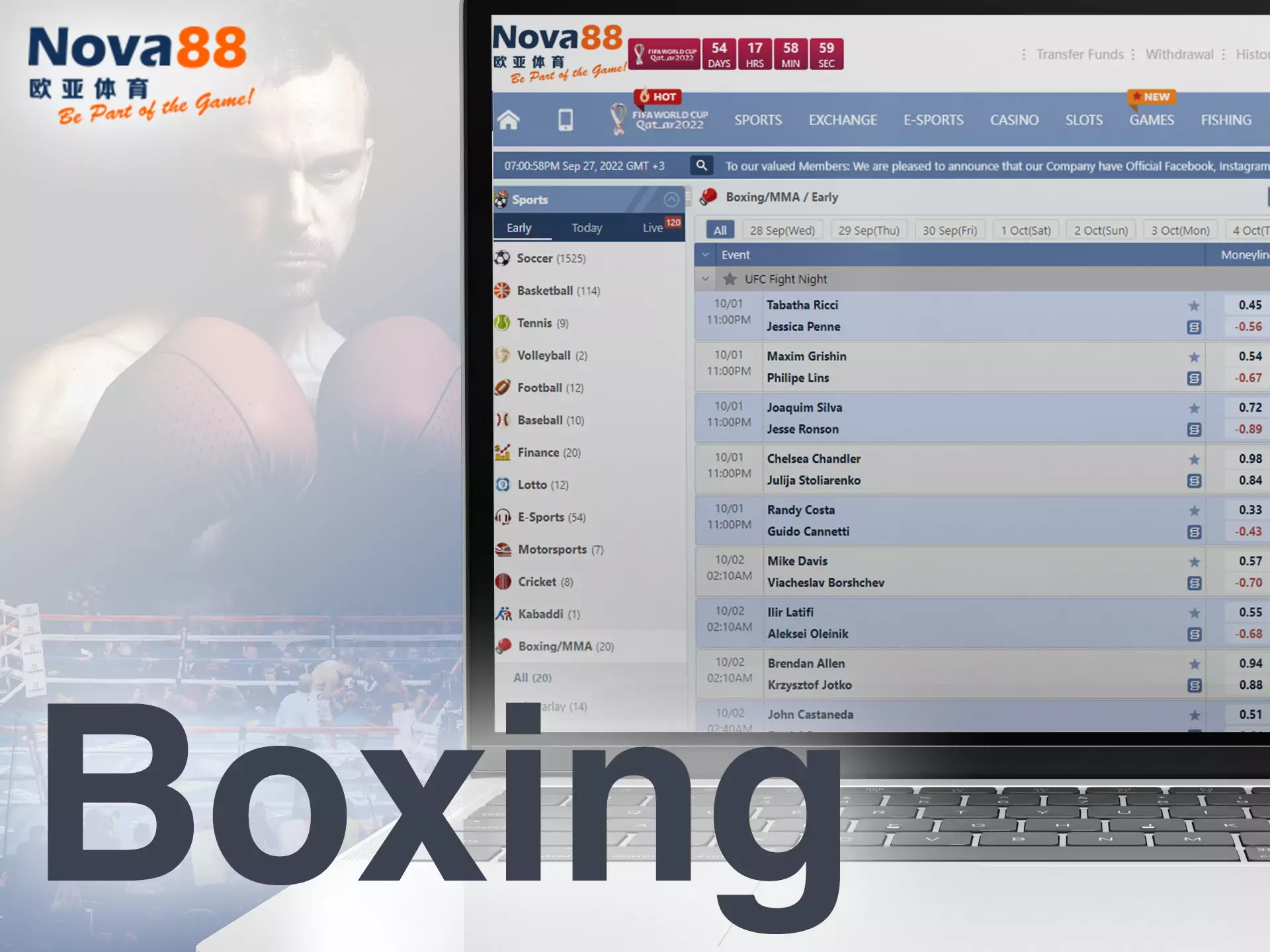 In the Nova88 sportsbook, you can bet on boxing fights online.