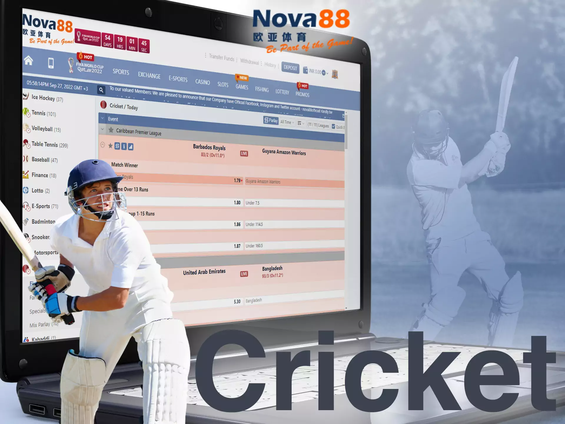 In the Nova88 sportsbook, you can place bets on cricket anytime.