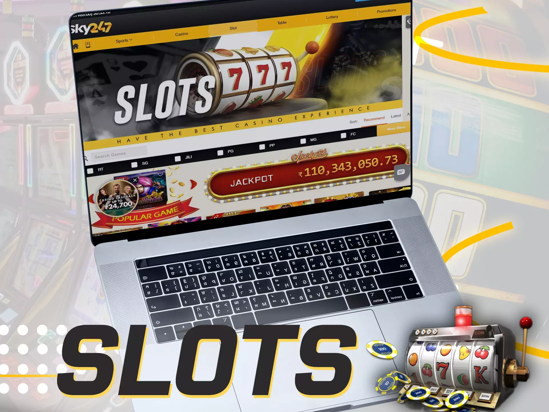 In the Sky247 online casino, you can play colourful slots.