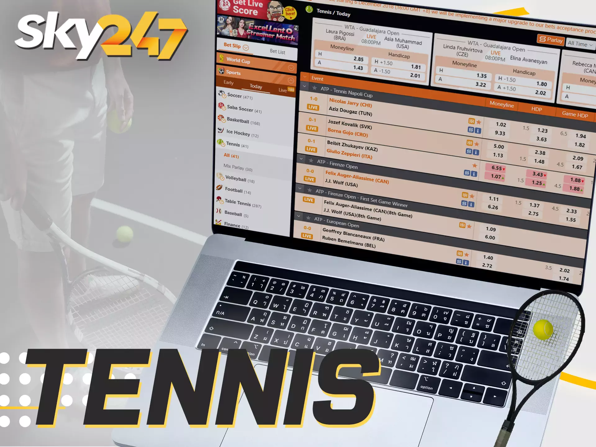 Place bets on tennis events on the Sky247 website.