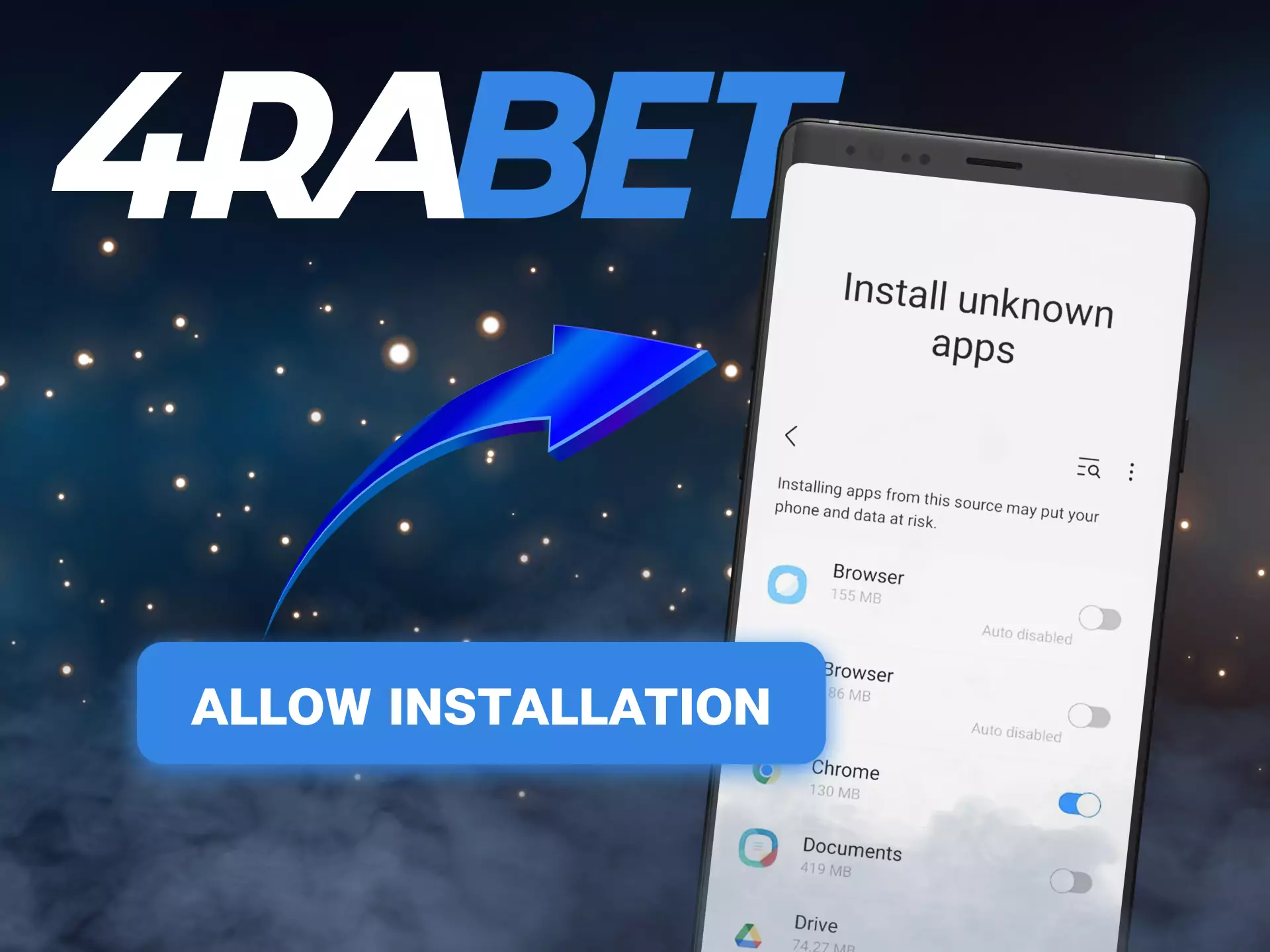 Get 4rabet on your mobile device, give permission to install.