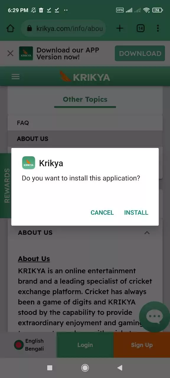 Click 'Install' to get the Krikya app on your device.