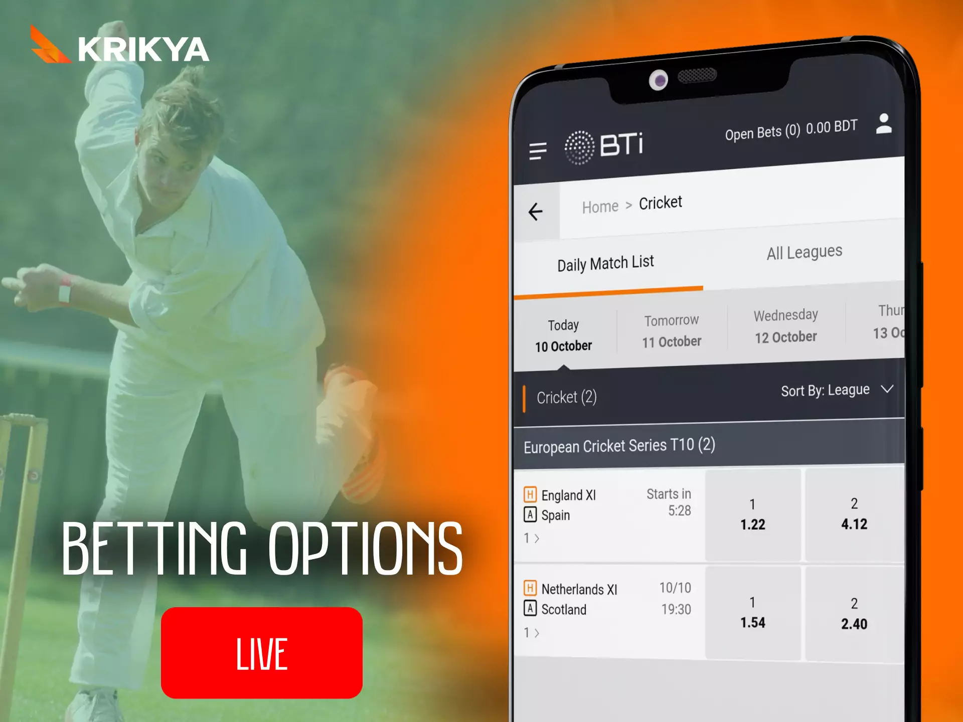 In Krikya, try different options for sports betting.