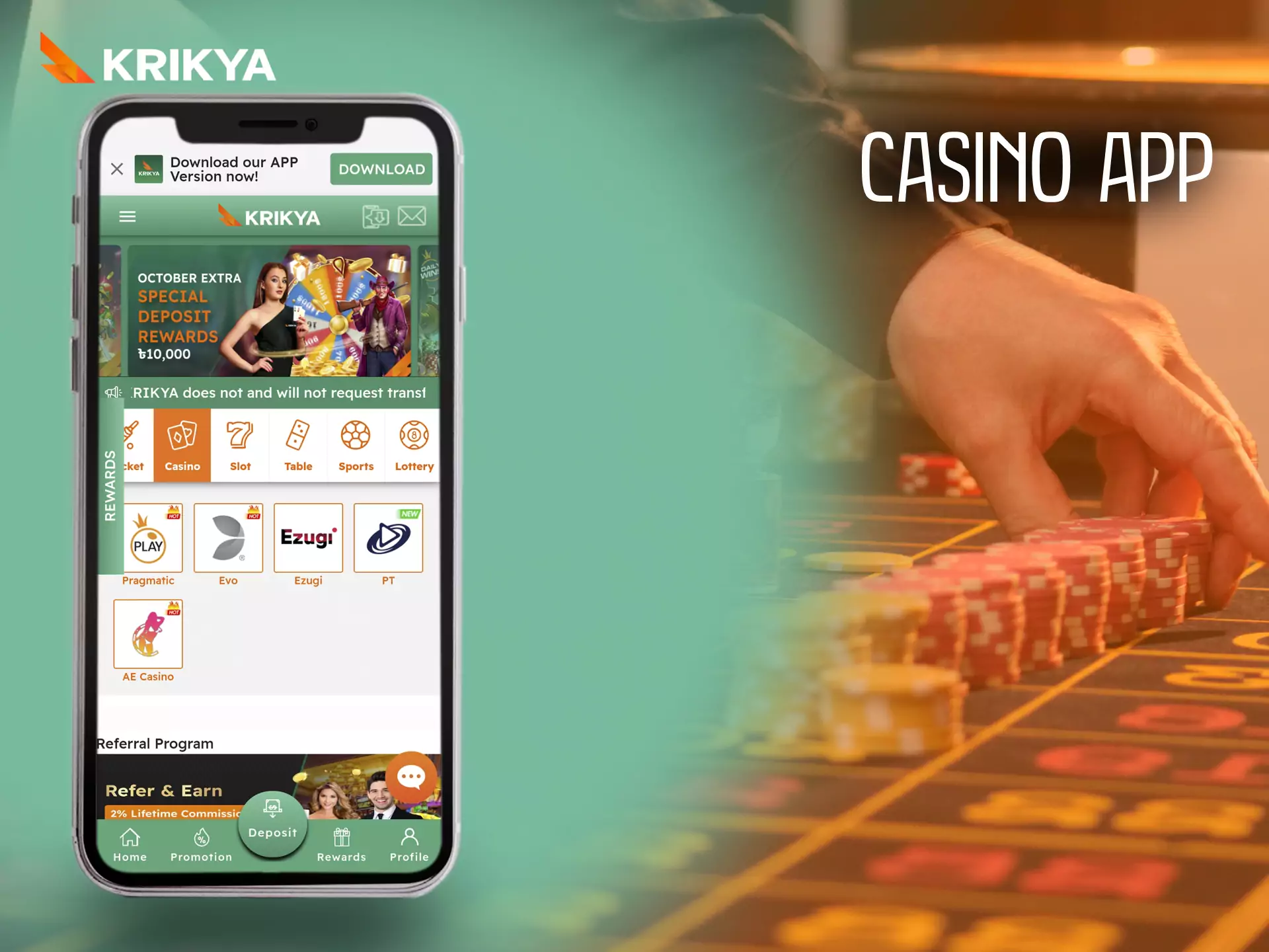 In the Krikya app, there is an opportunity to play at the casino.