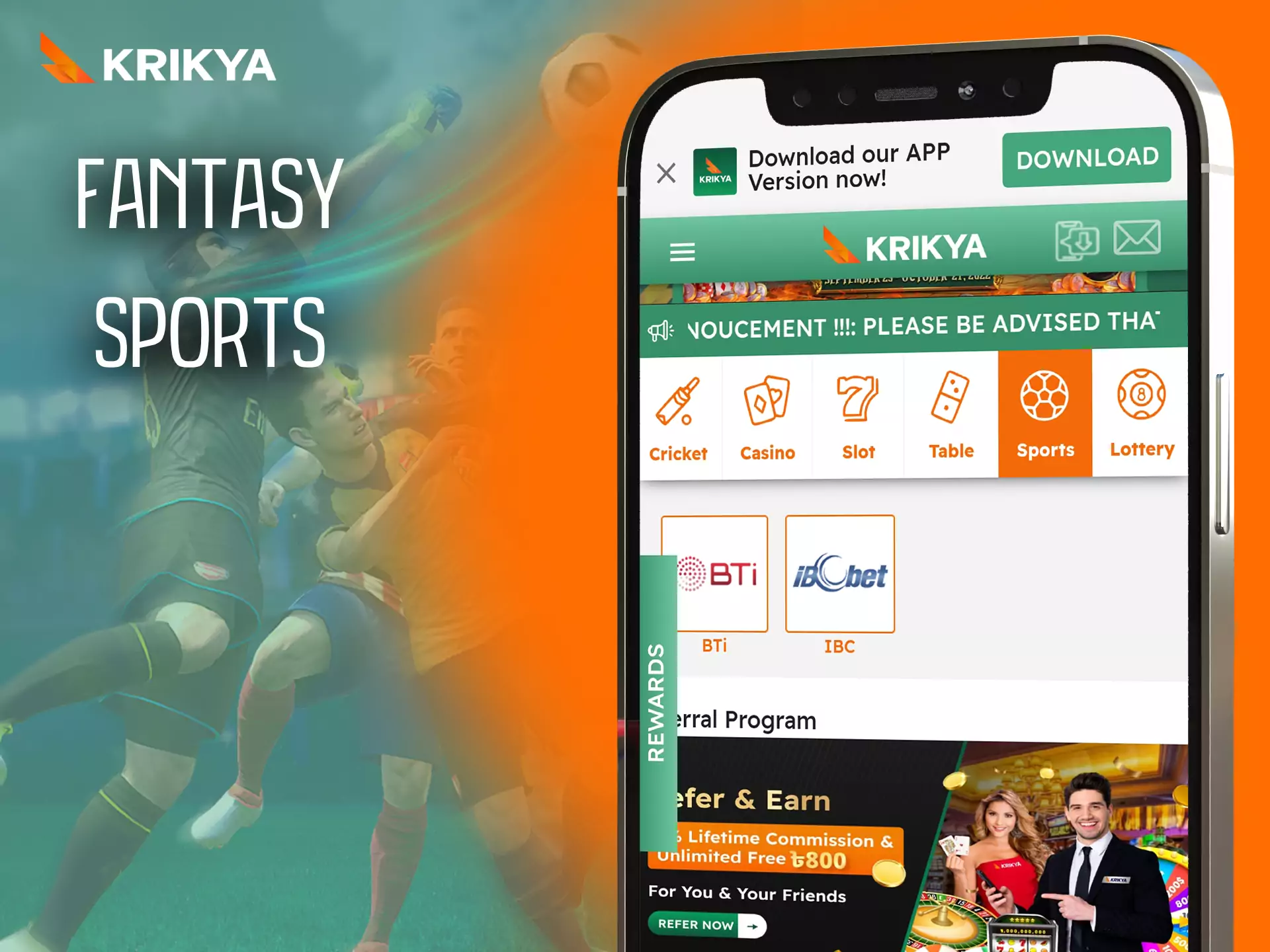 In the Krikya app, place bets on fantasy sports and choose the conditions yourself.