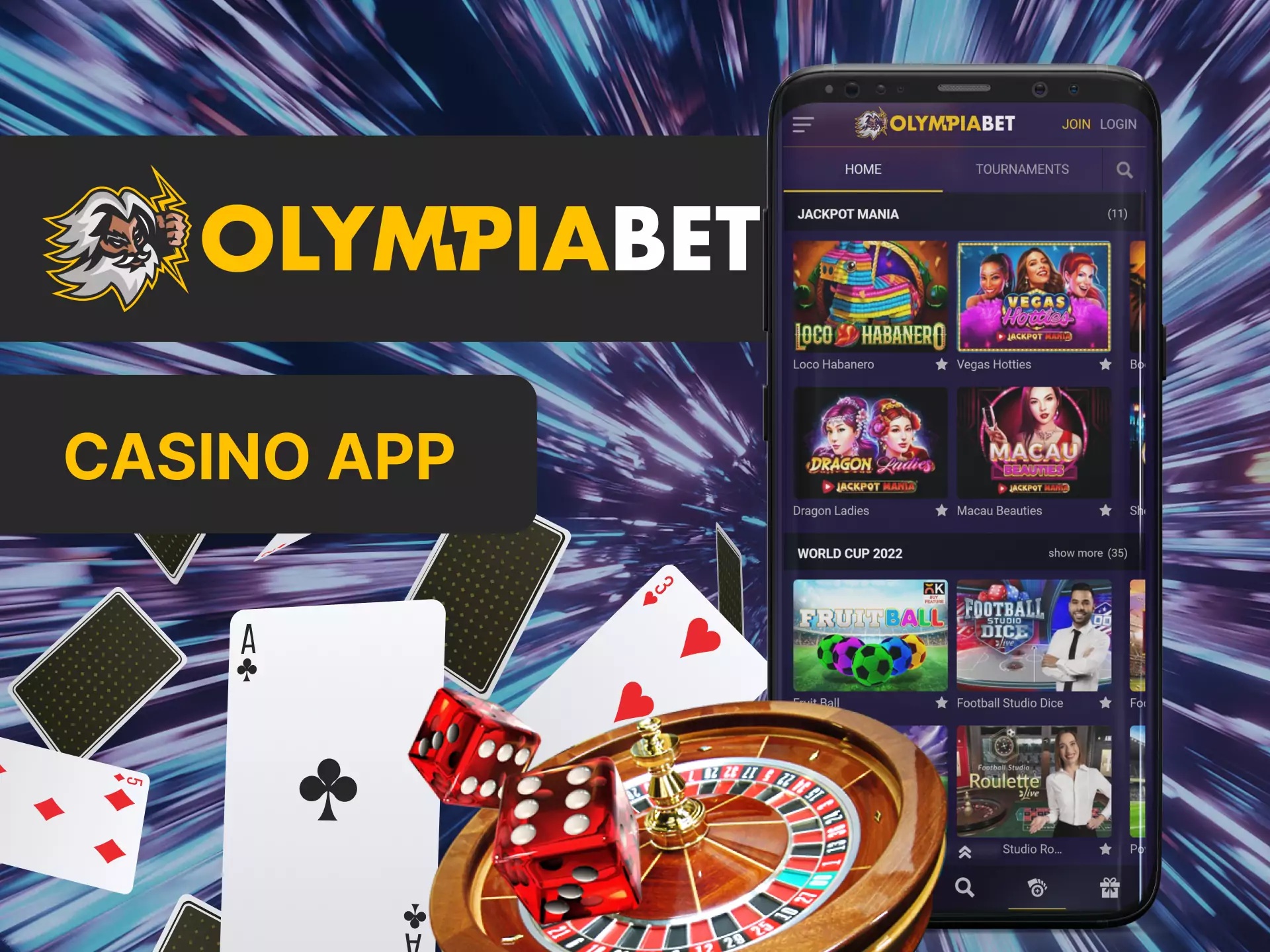 In the OlympiaBet app, play casino, place bets on roulette, baccarat, blackjack and other types.