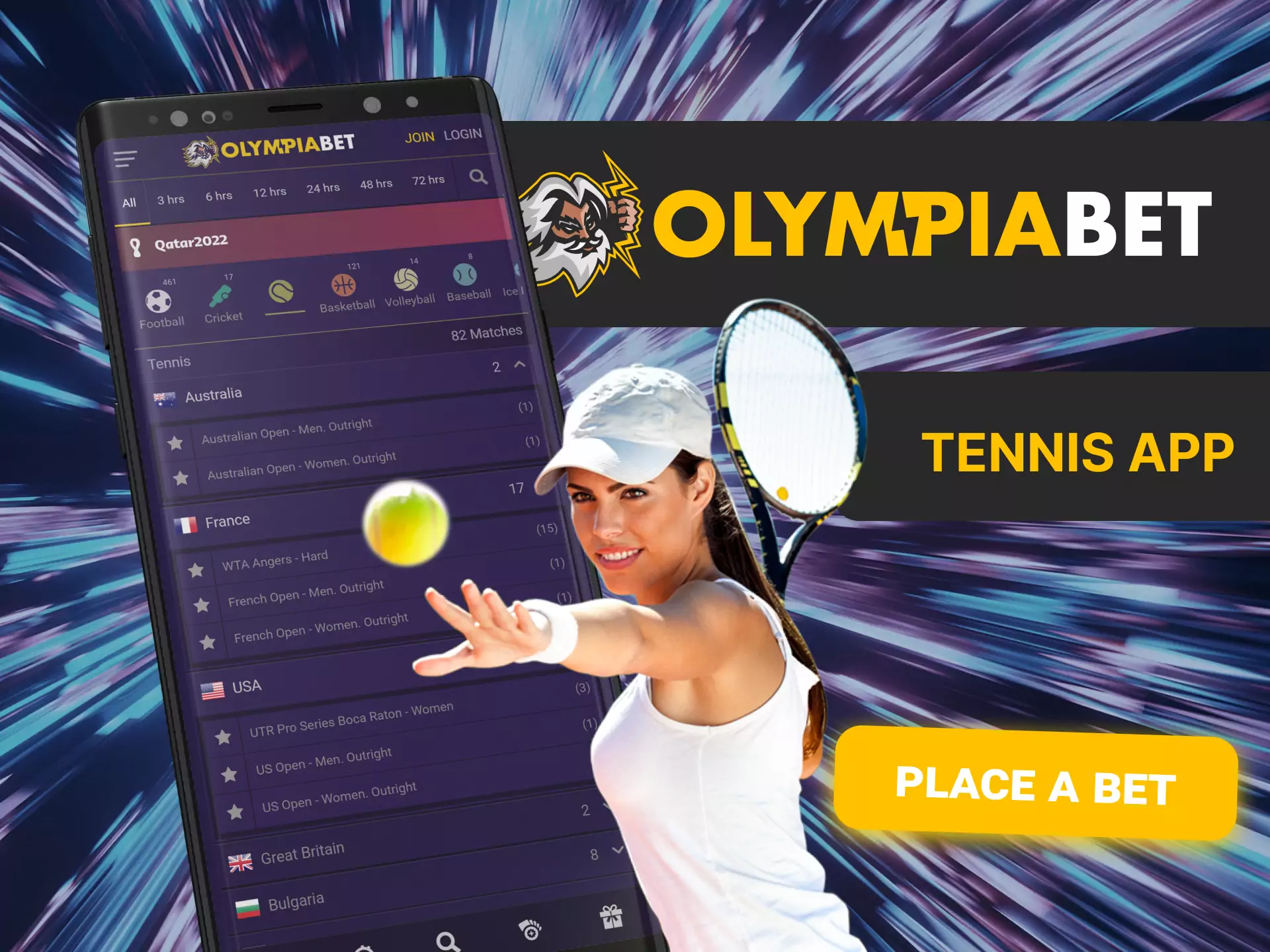 At OlympiaBet, place bets on various tennis sports events.