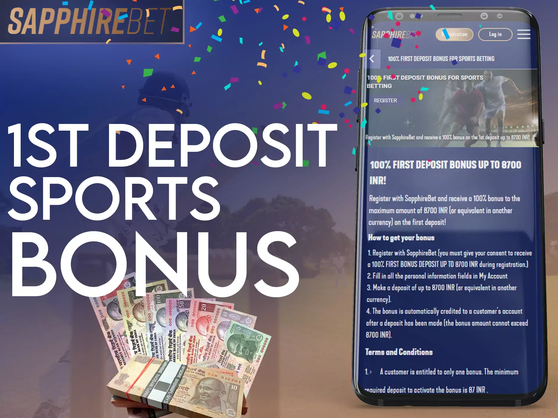 In the Sapphirebet app, get a special bonus for your first deposit.