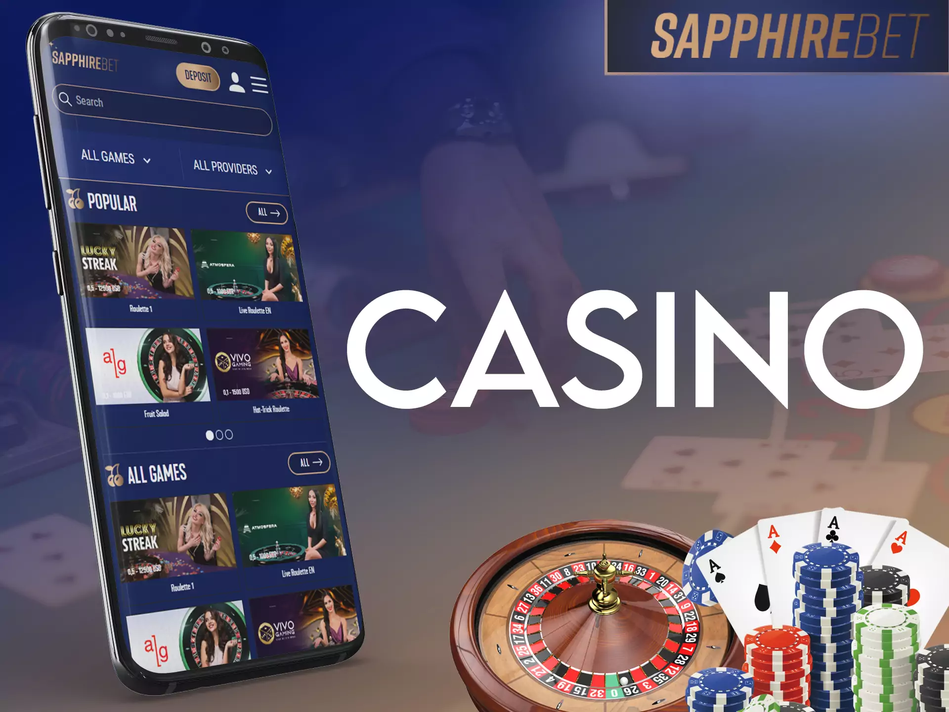 The Sapphirebet app has a great opportunity to play at the Casino.