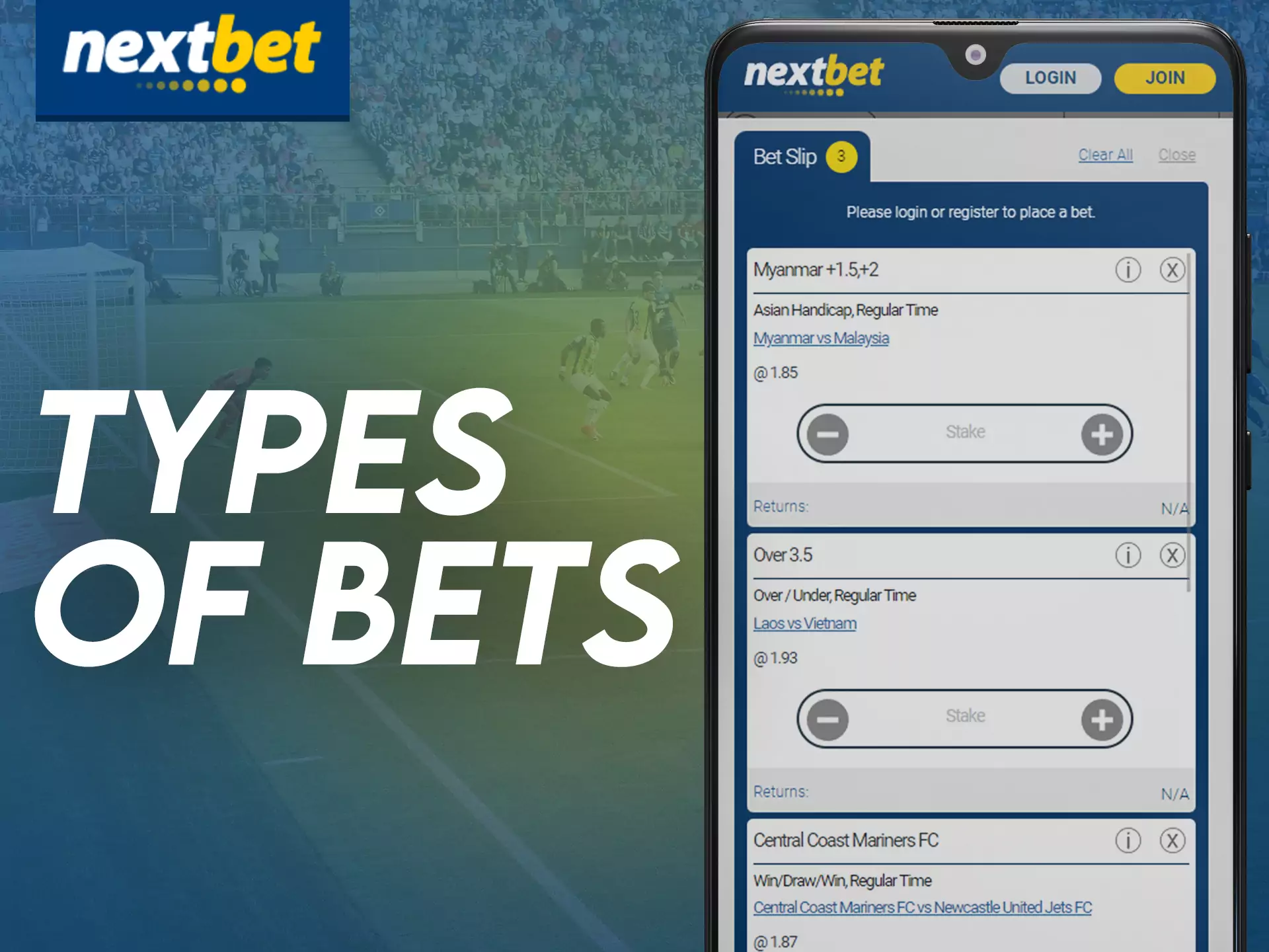 Try different types of bets on various sports events on Nextbet app.