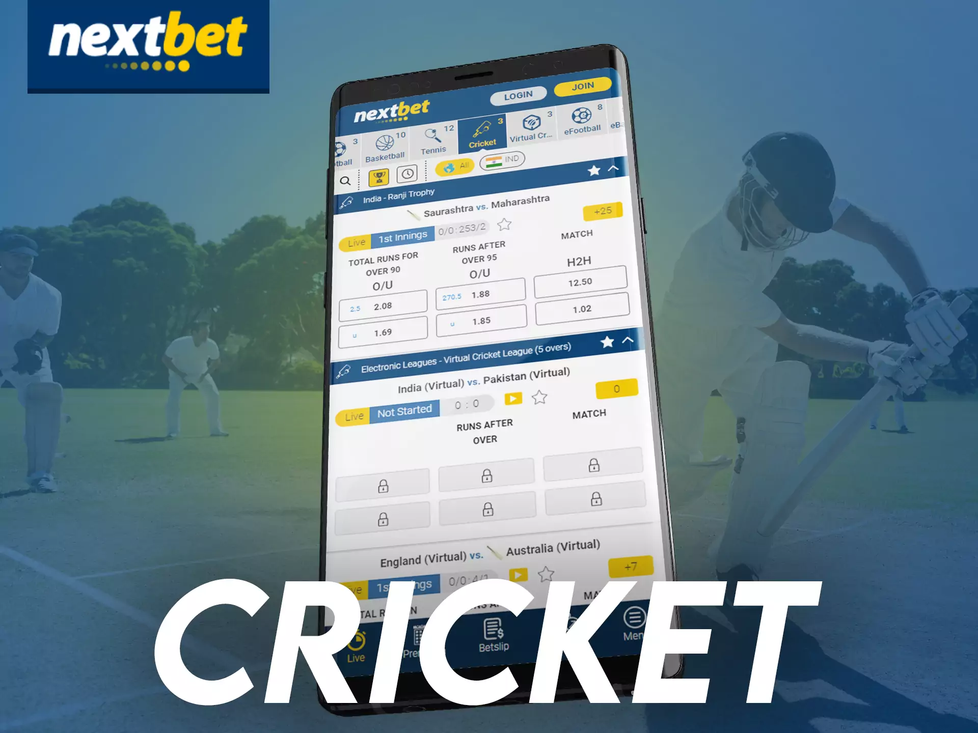 In the Nextbet app, place bets on all cricket sports events.