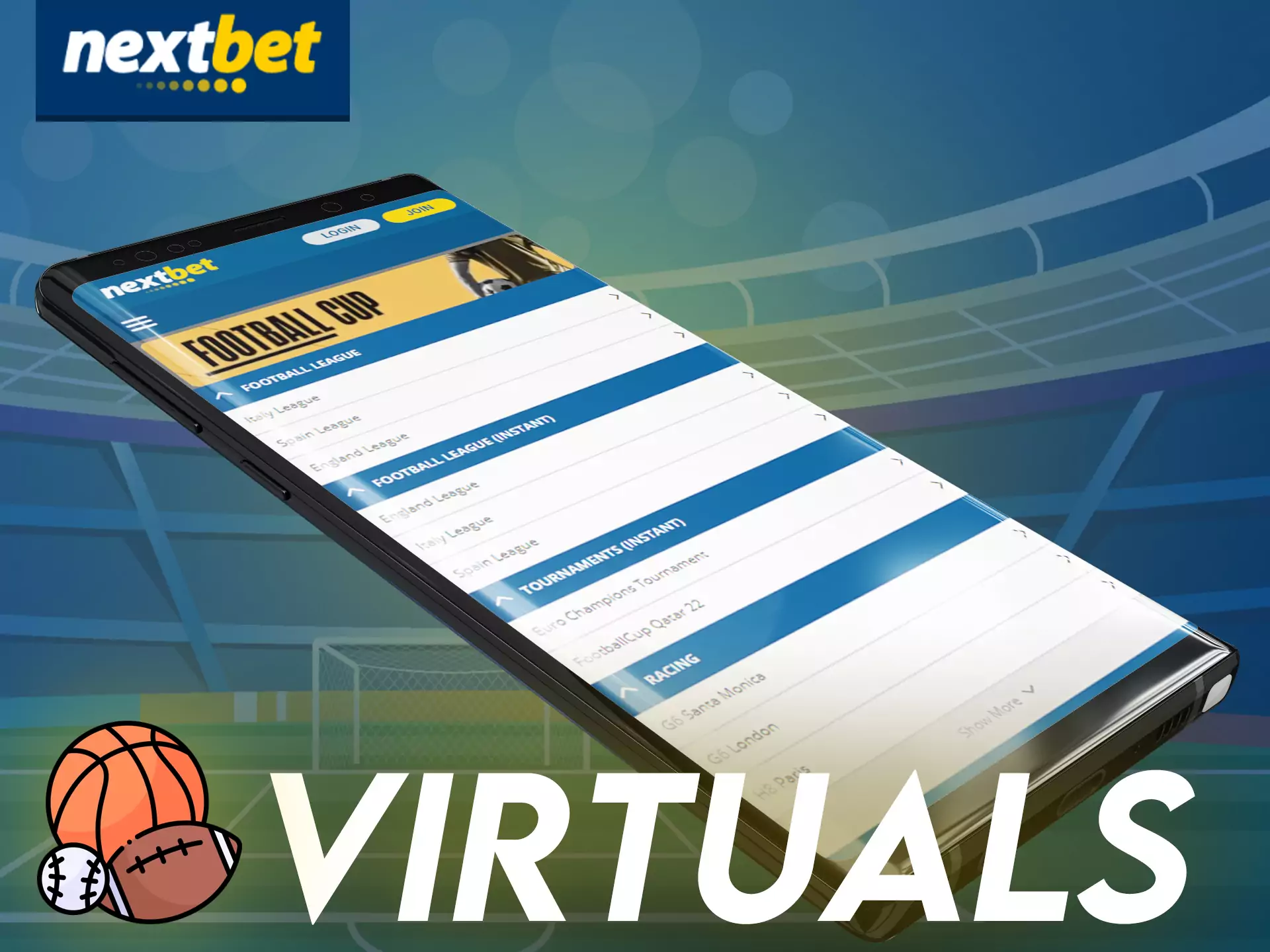 You can place bets on virtual sports in the Nextbet app.