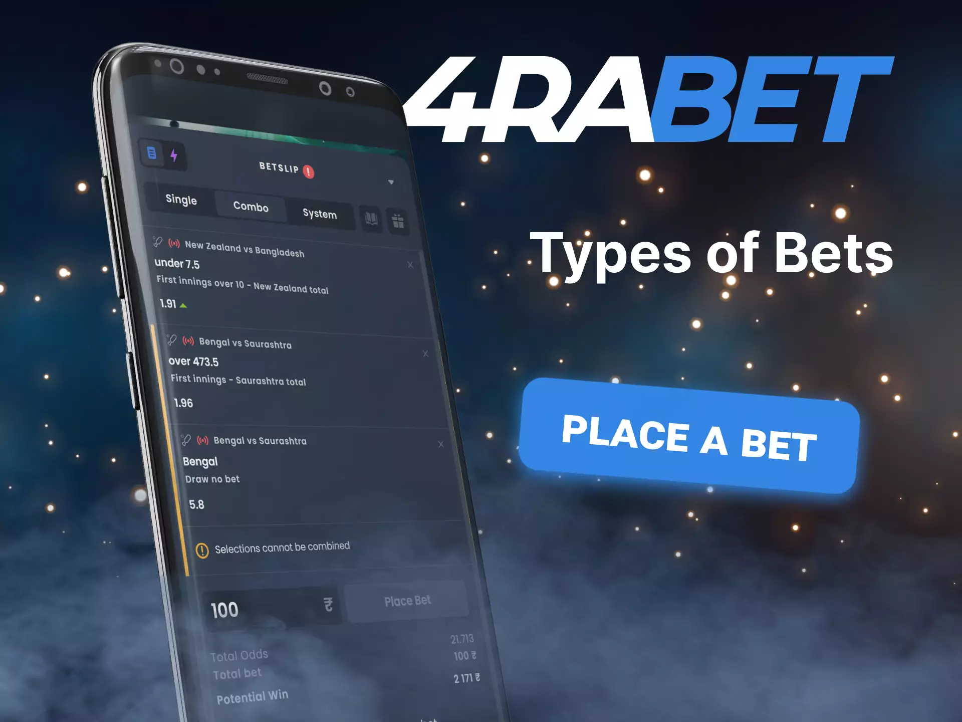 In the mobile app 4rabet try different types of bets.
