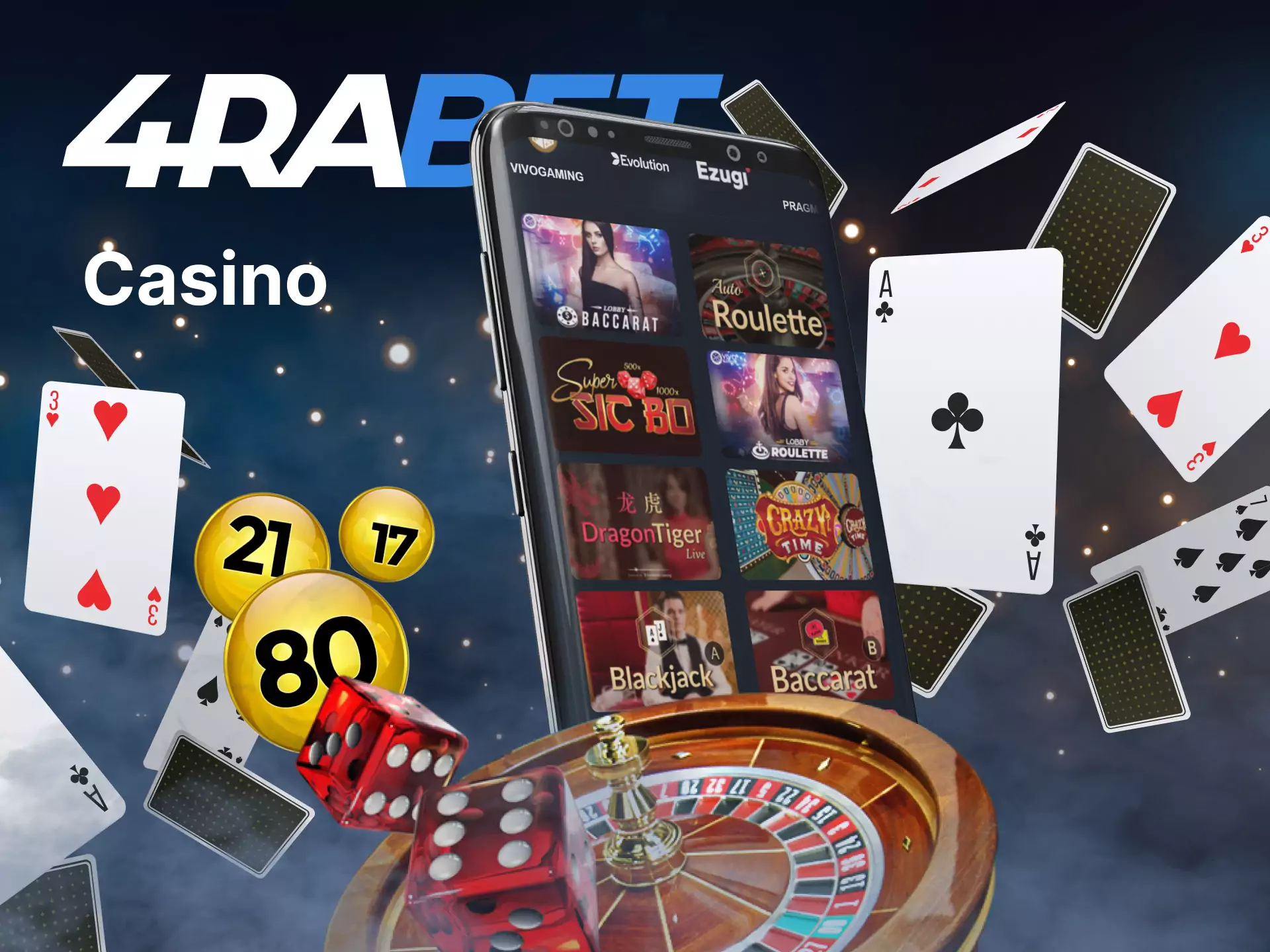 The 4rabet mobile app has a section with Casino.