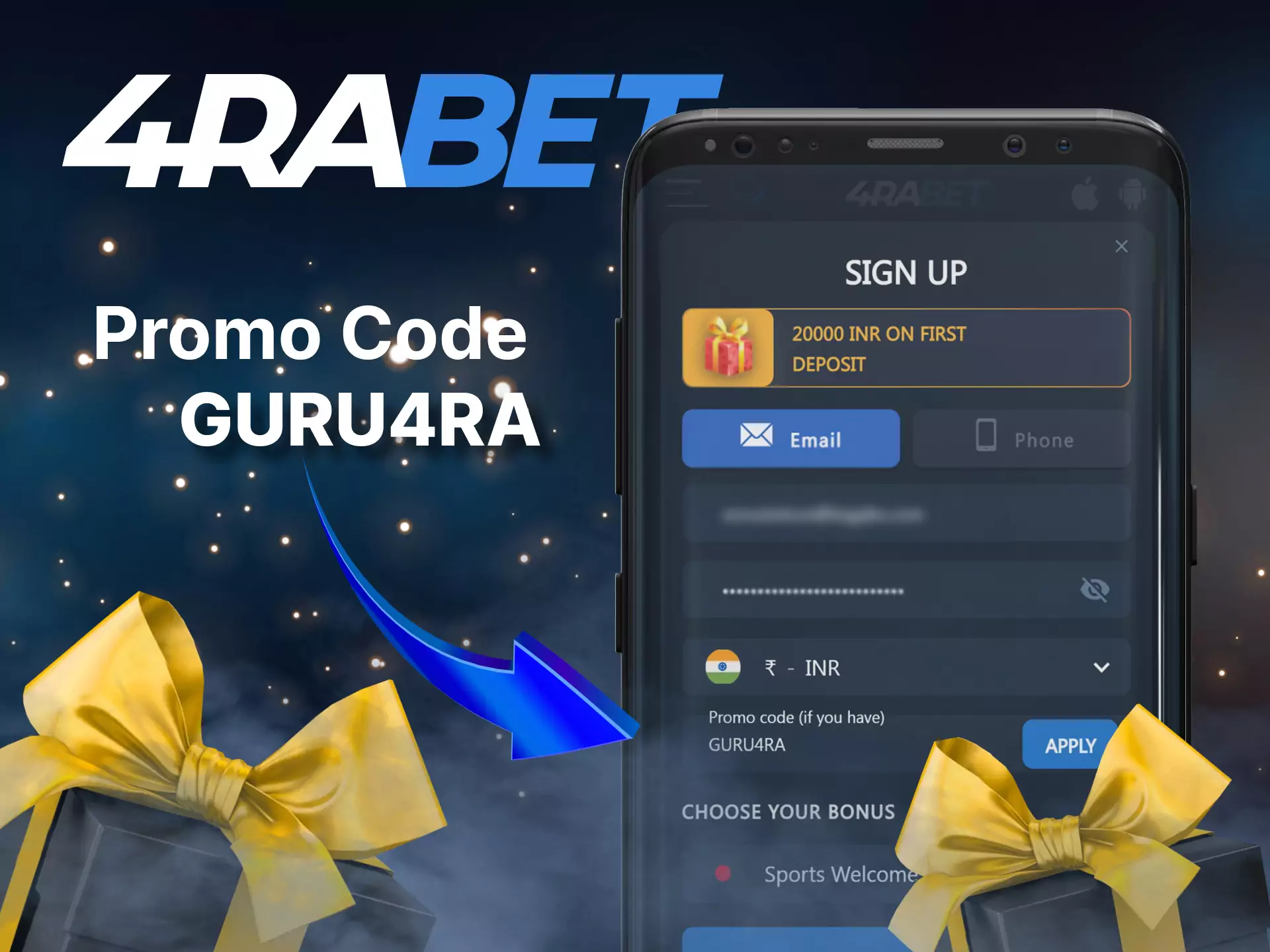 Use a special promo code in the 4rabet mobile app.