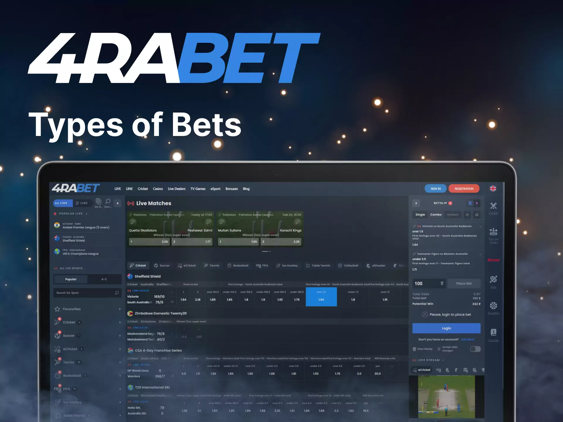 At 4rabet, try different types of sports betting.