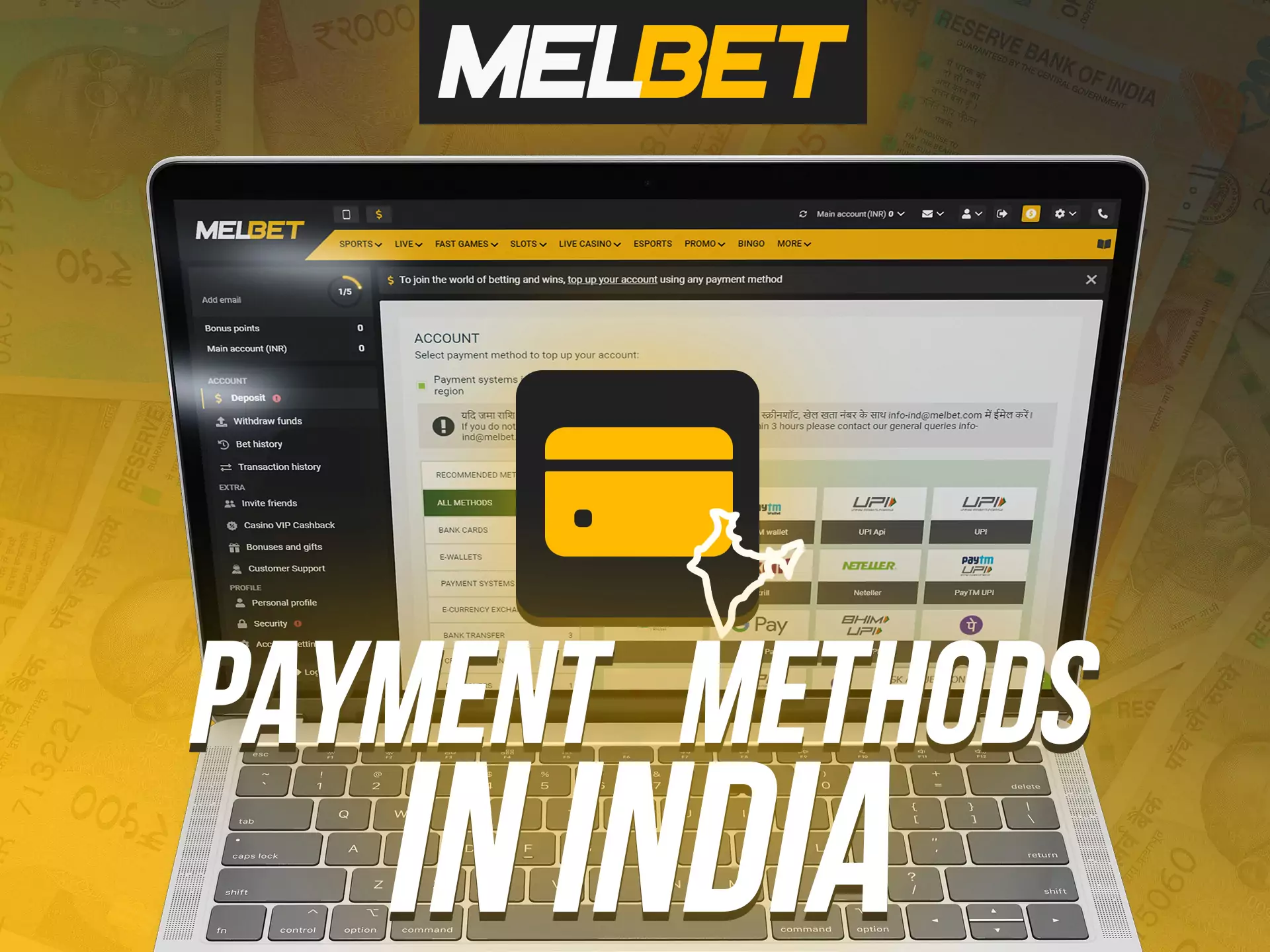 Select your prefered payment method and make deposit at Melbet.