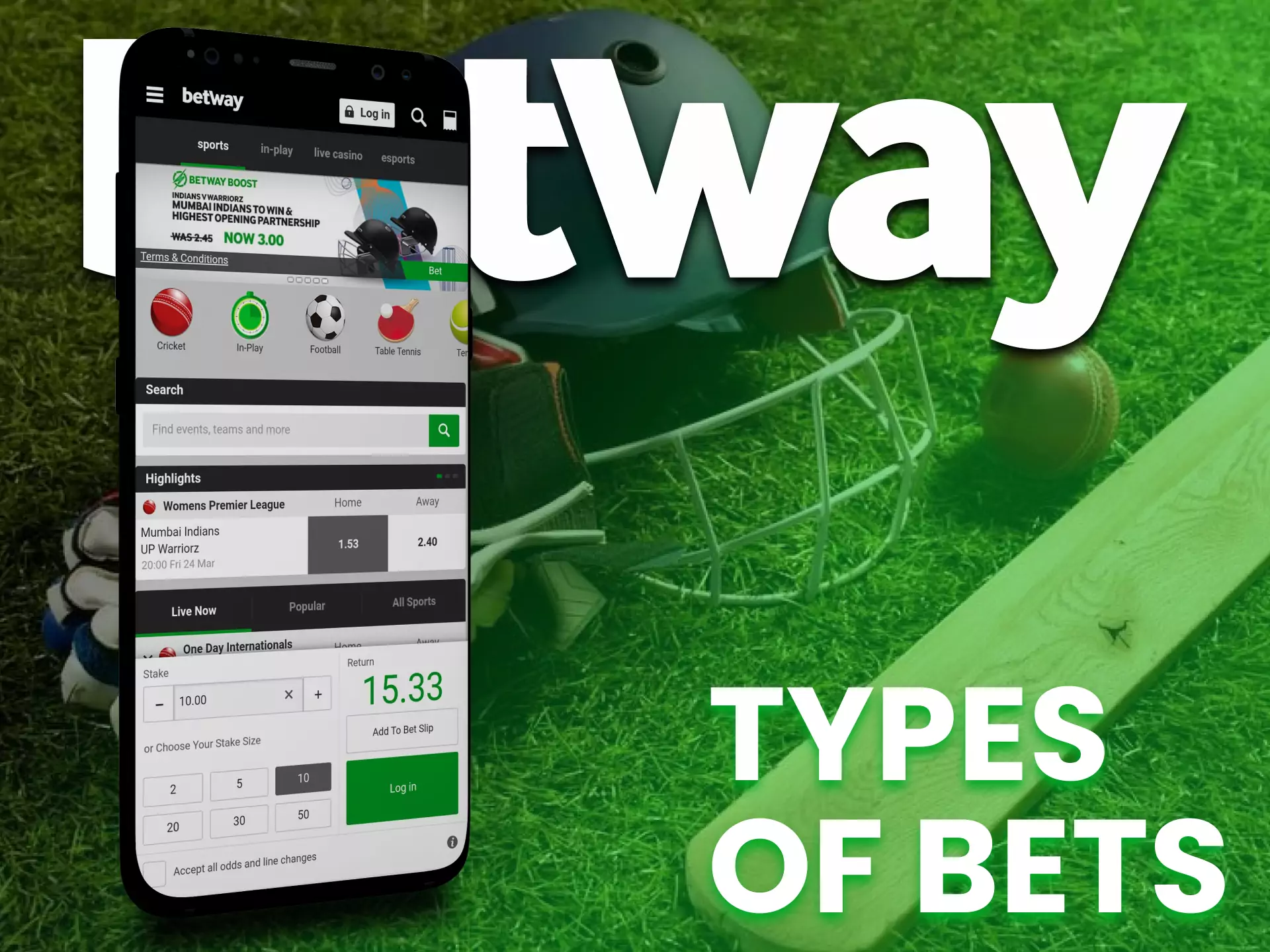 In the Betway app, try different types of sports betting.
