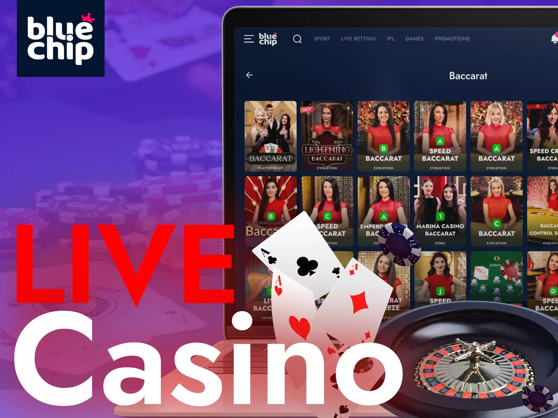 You can play games with live dealers in the Bluechip casino.