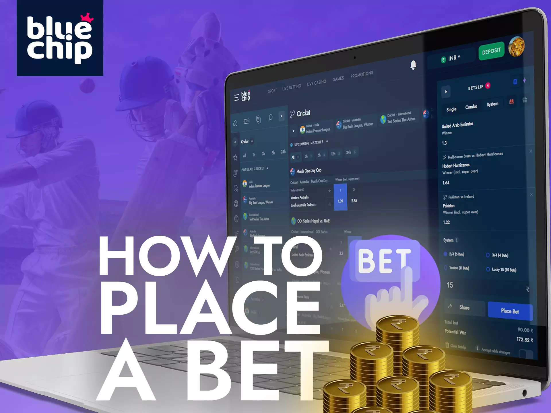 You can place bets on sports events on Bluechip.