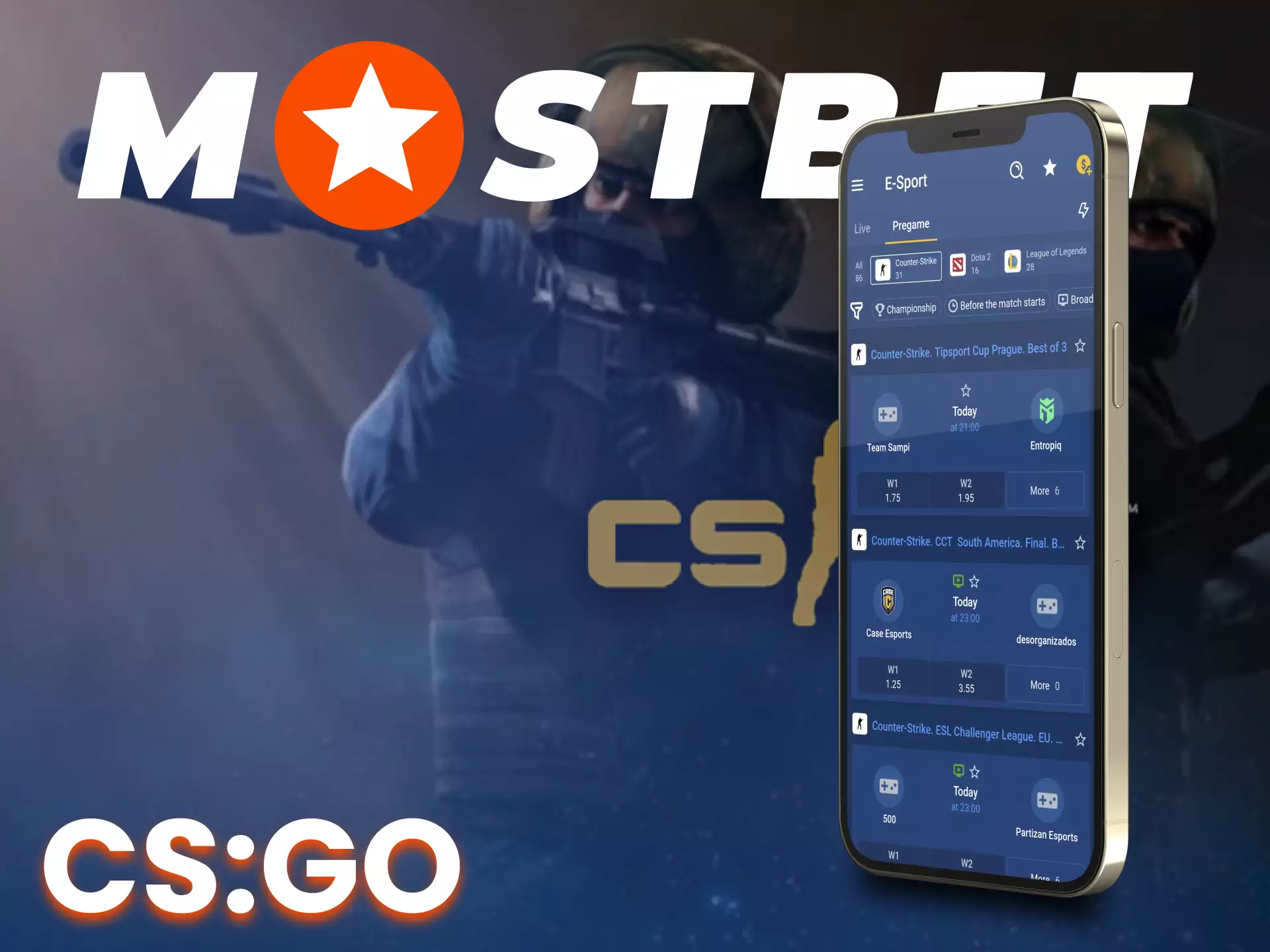 Place your bets on CS:GO on the Mostbet app.