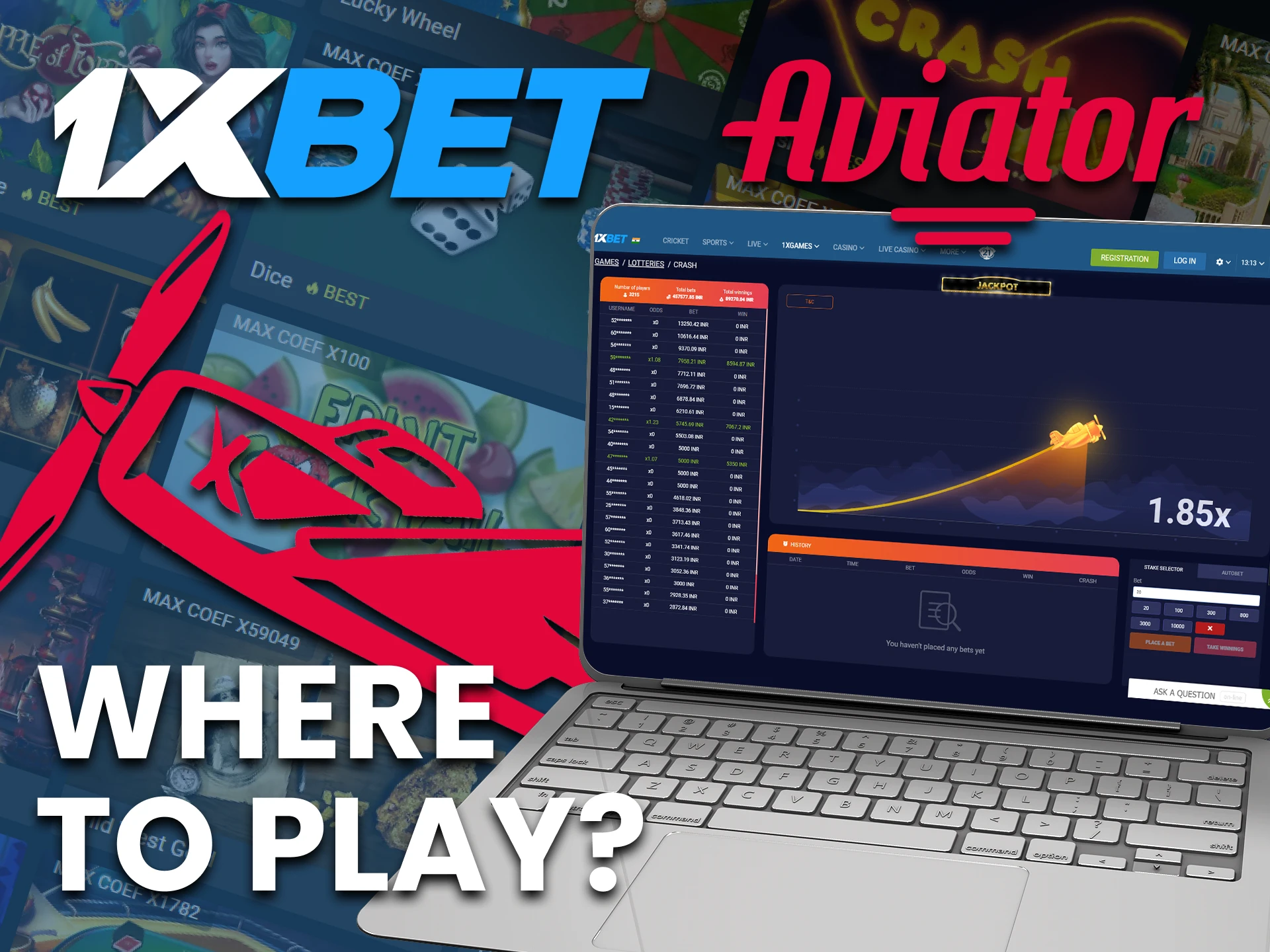 Launch the 1xbet casino to play the Aviator game.