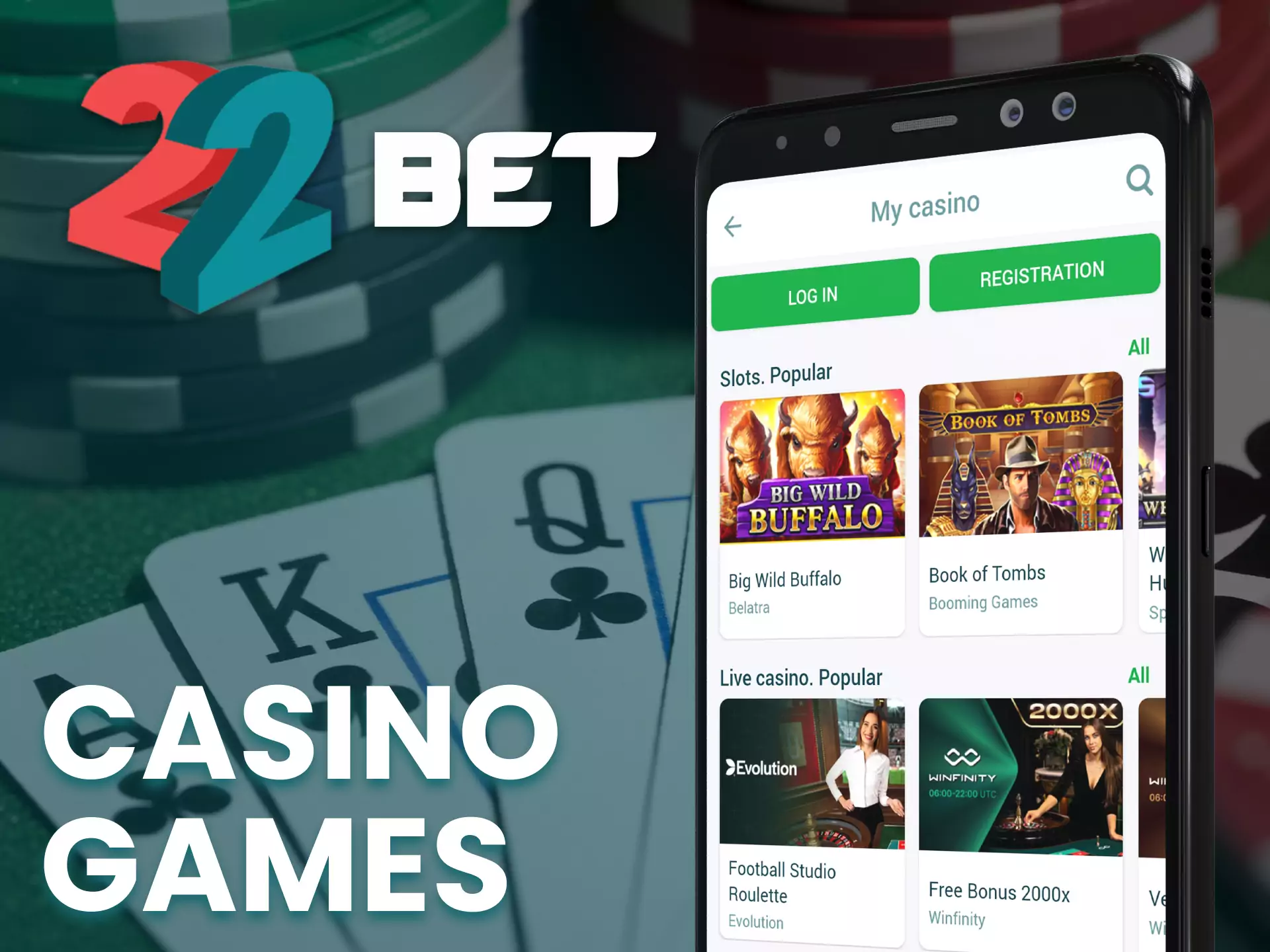 In the casino section, play different games in the 22bet app.