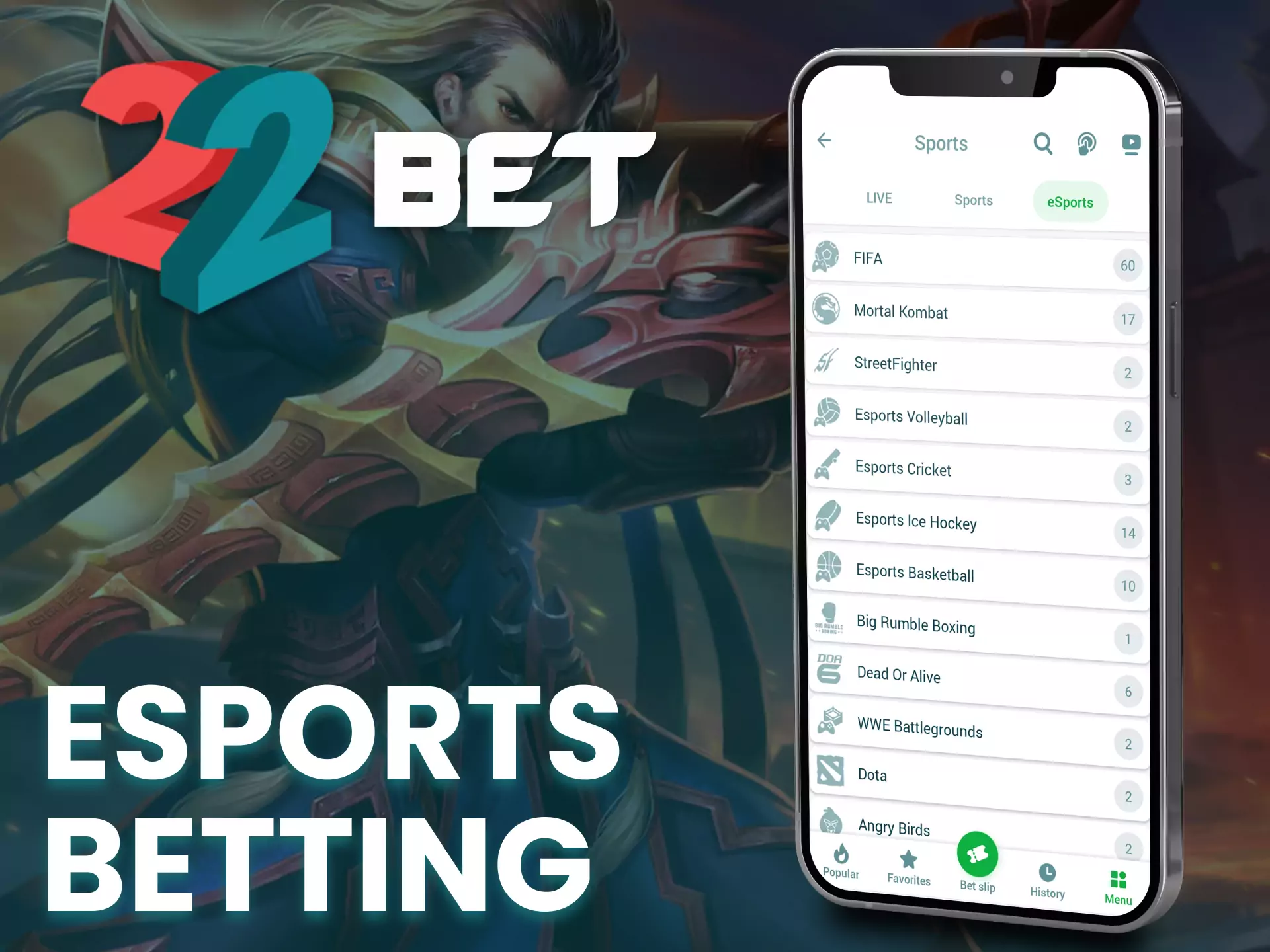 Place your bets on esport in the 22bet app.