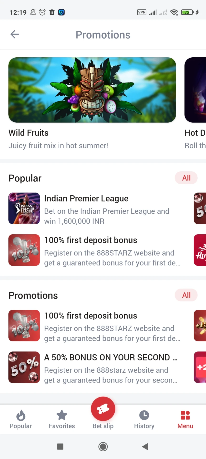 888Starz App bonuses section,