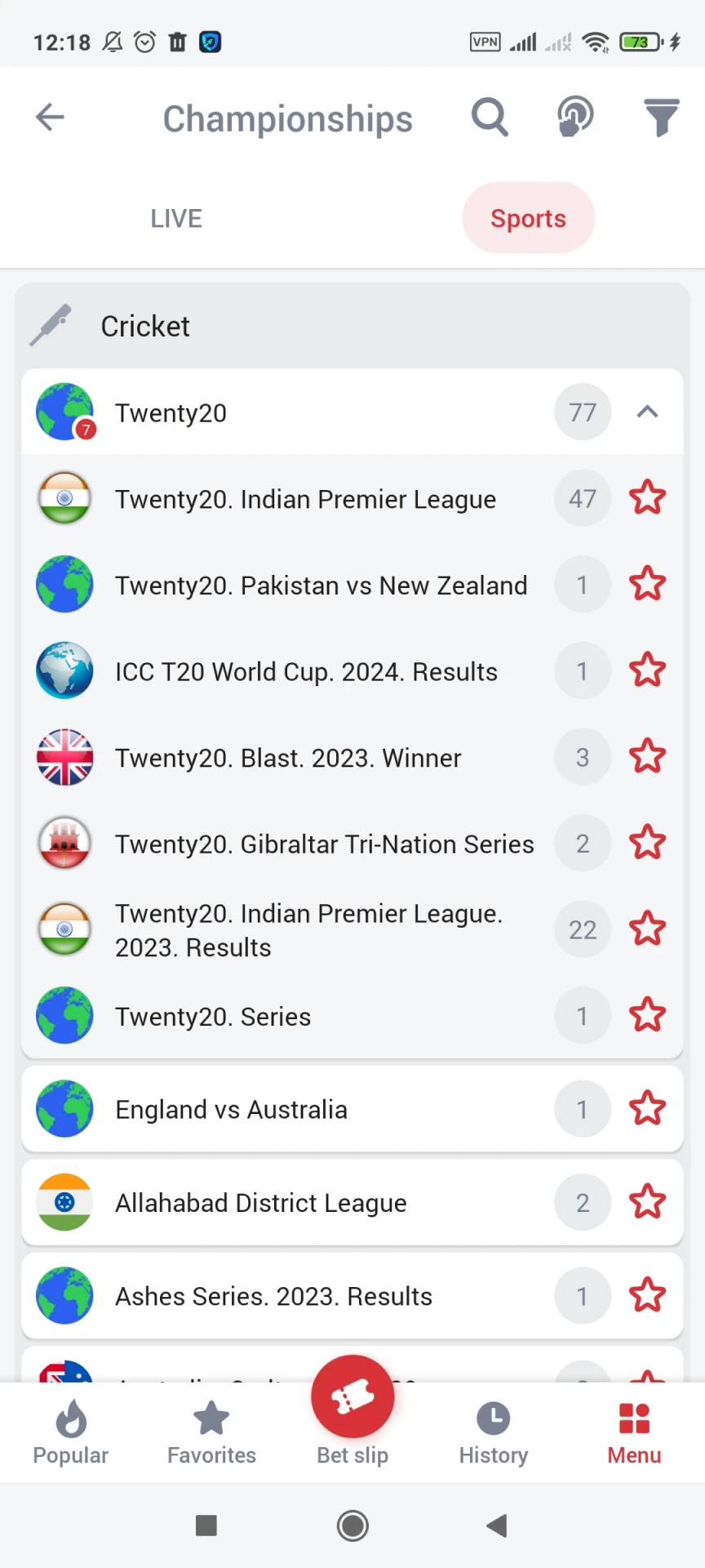 Cricket betting section in the 888Starz app.