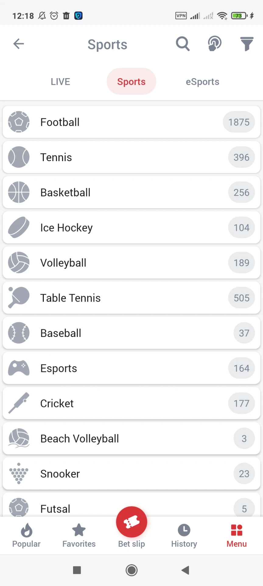 Sports betting section in the 888Starz app.