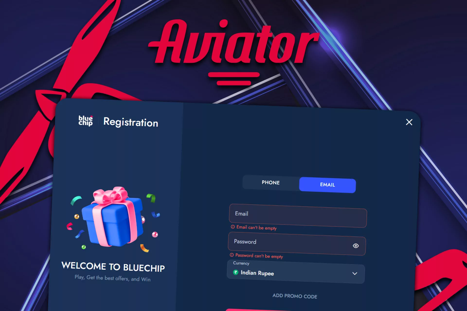 Create an account on Bluechip to start playing Aviator.