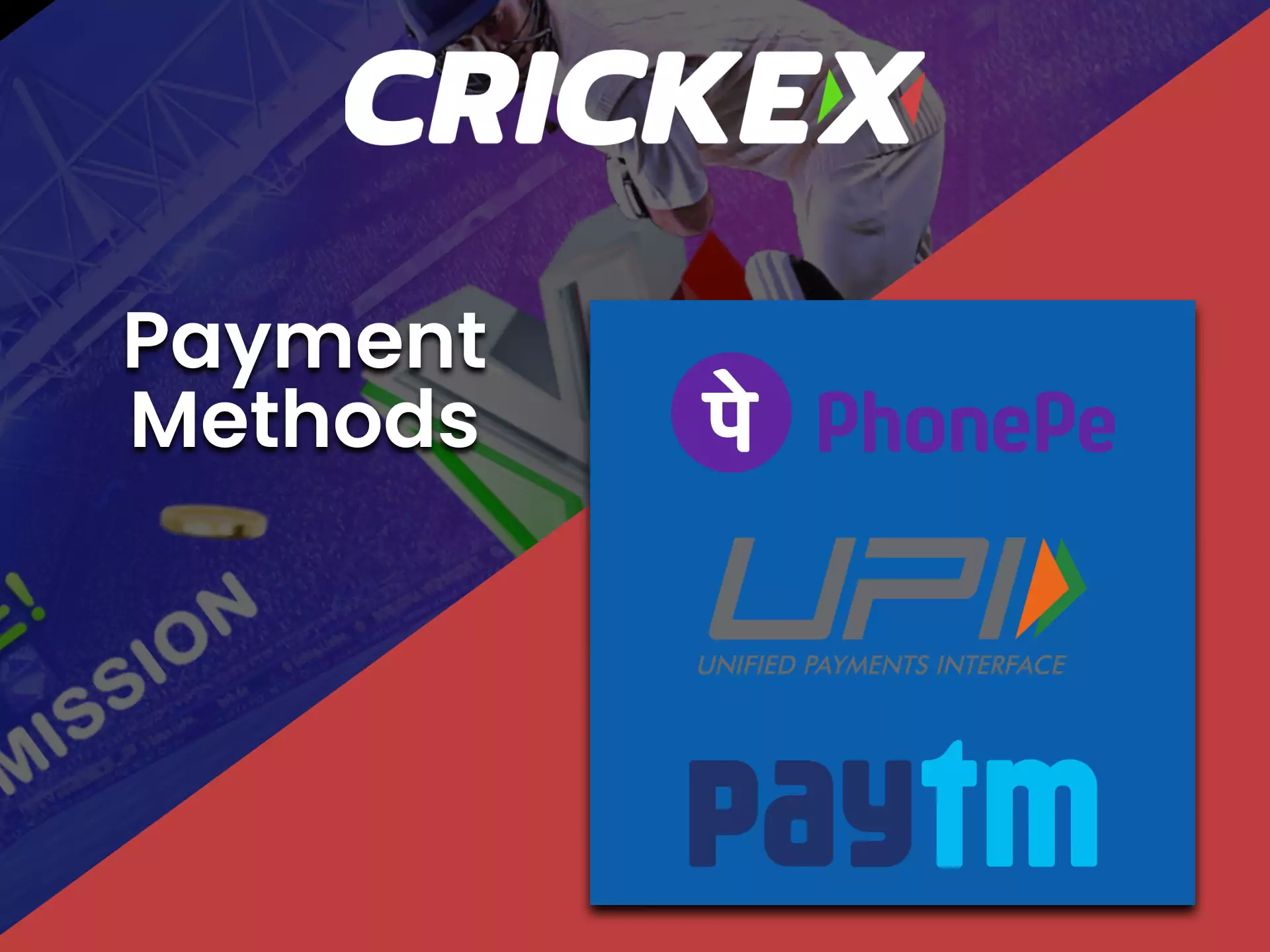 Use Indian payment methods for withdrawing money from your Crickex account.