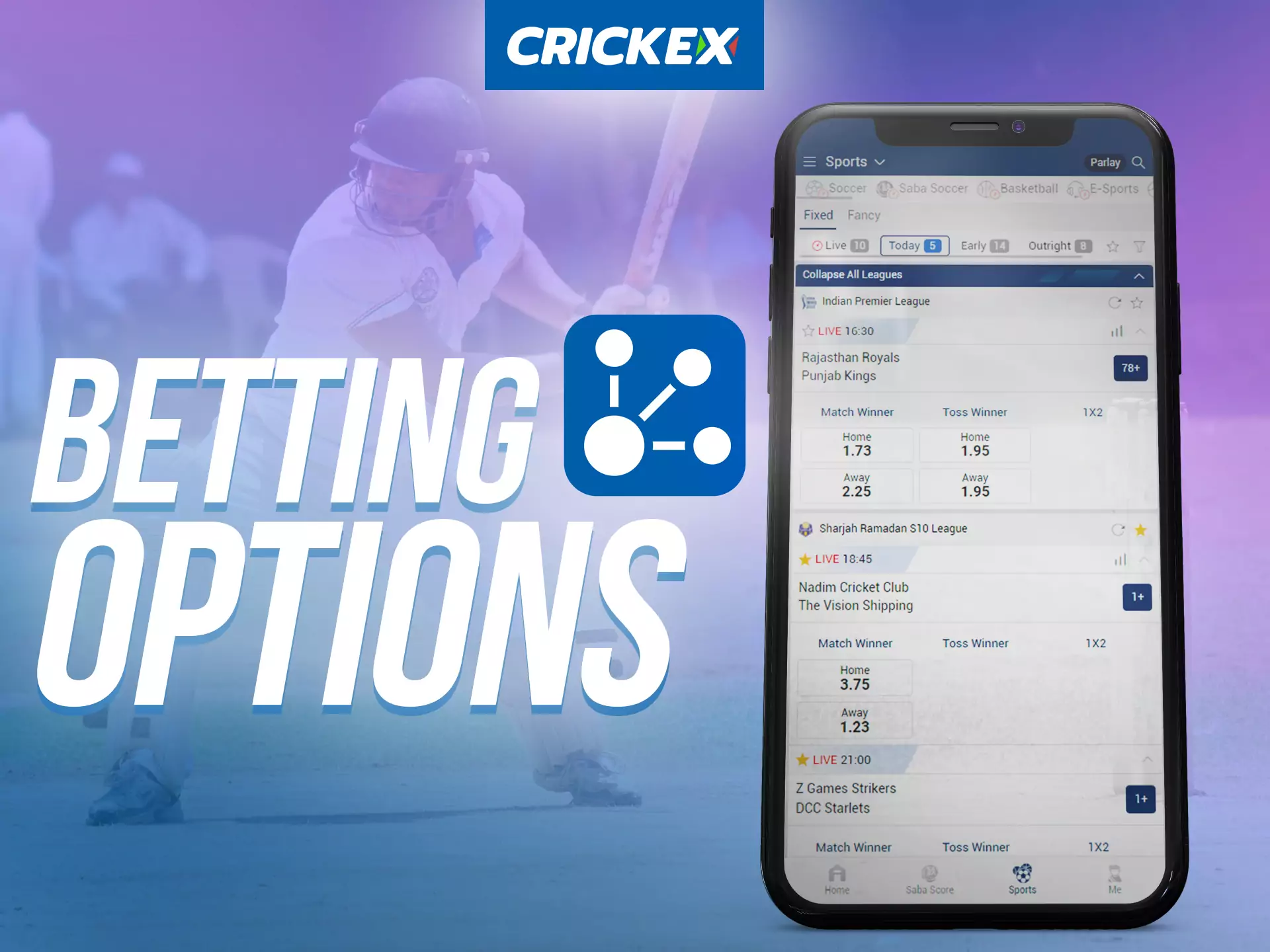 In the Crickex app, try different betting options.